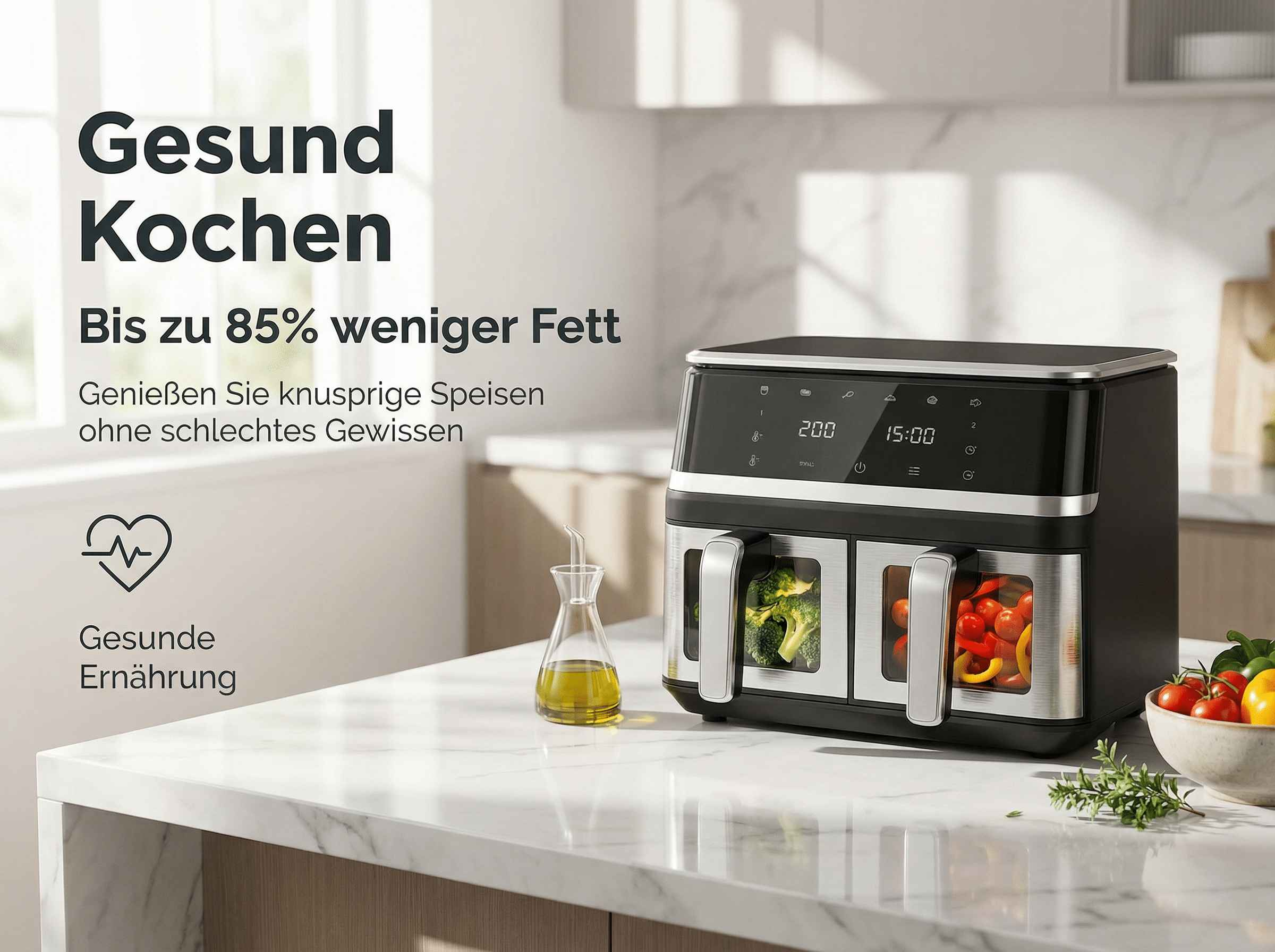 Ein moderner Doppelsitz-Heißluftfritteuse mit Brokkoli und Paprika im Inneren.