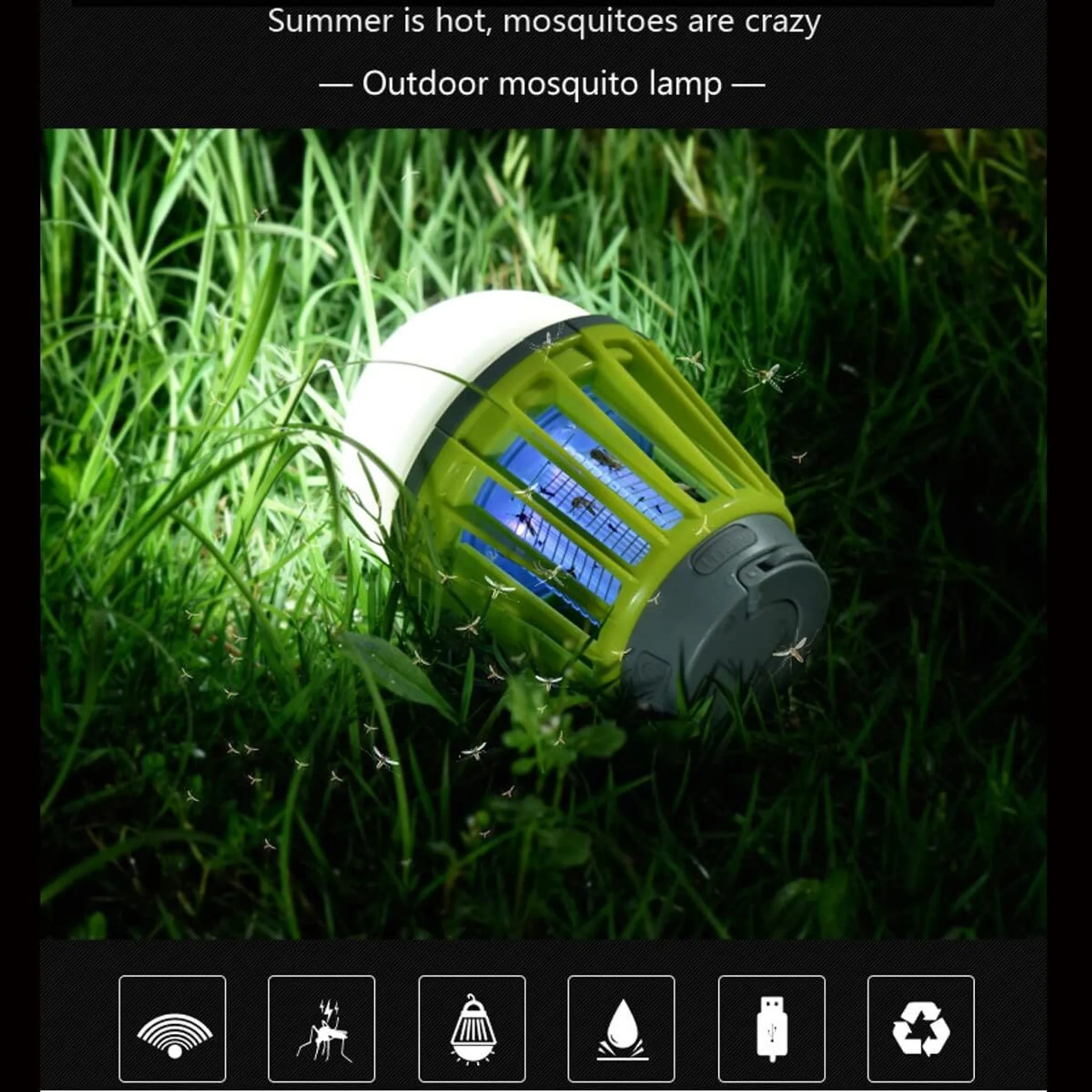 Ein Mückenvernichter im Gras mit blauen Lichtern und vielen Mücken.