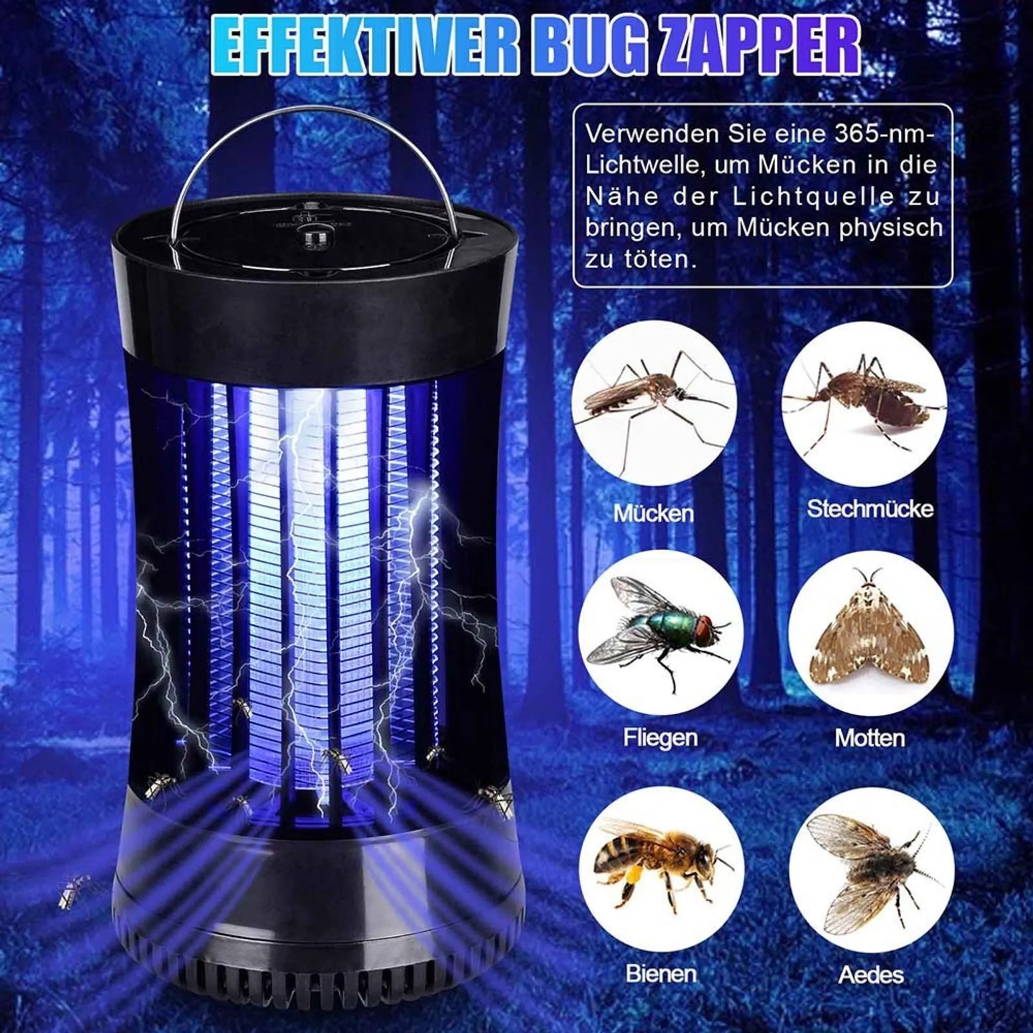 Ein elektrischer Insektenvernichter mit blauem Licht lockt Insekten an.