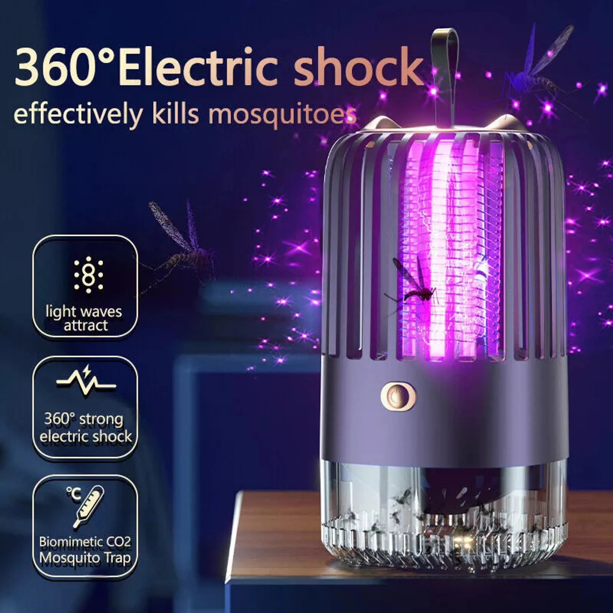 Lila UV-Mückenvernichter mit angezogenen Mücken, der auf einem Holztisch steht.