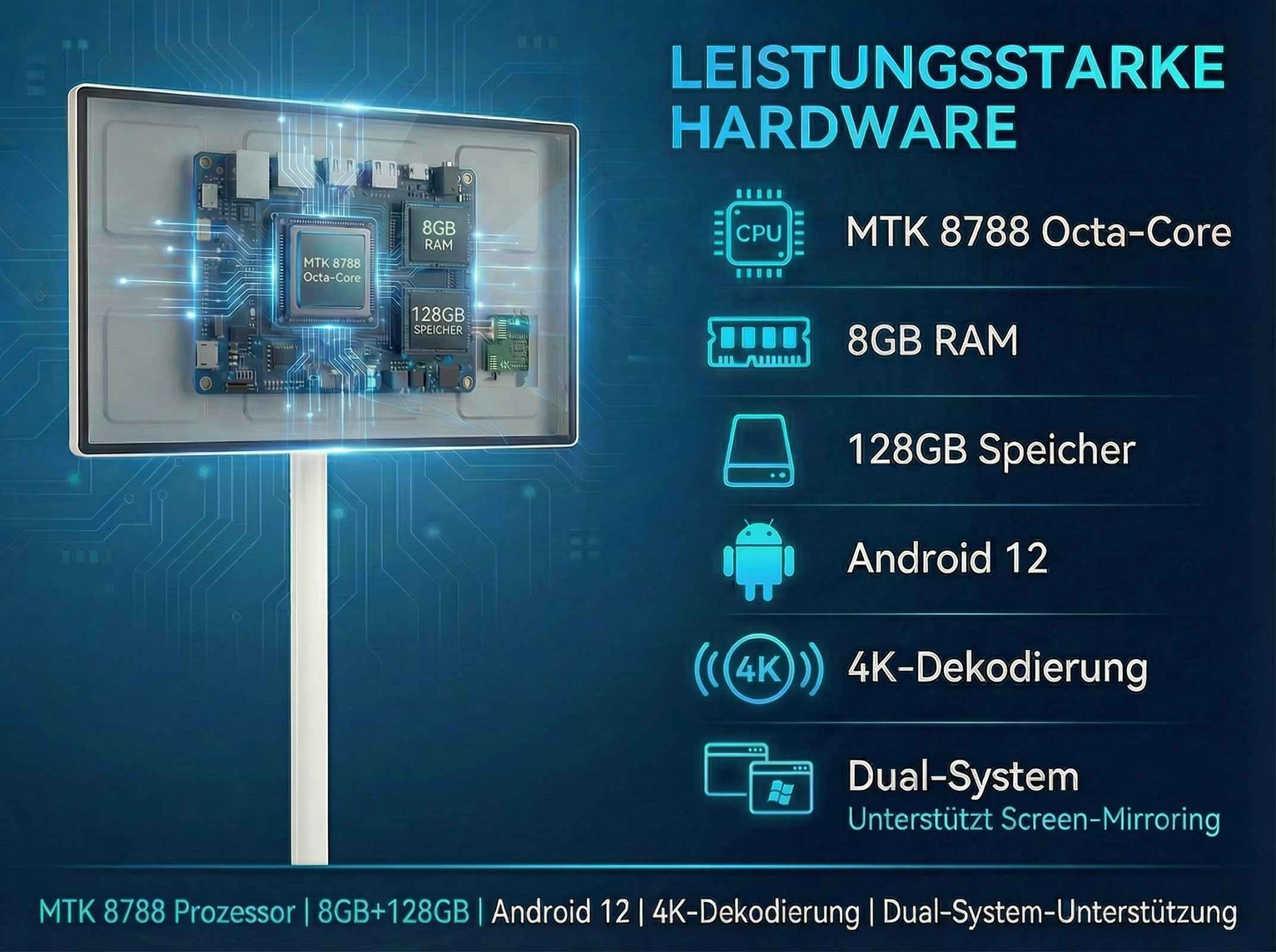 Leistungsstarke Hardware: MTK 8788 Octa-Core, 8GB RAM, 128GB Speicher, Android 12, 4K.