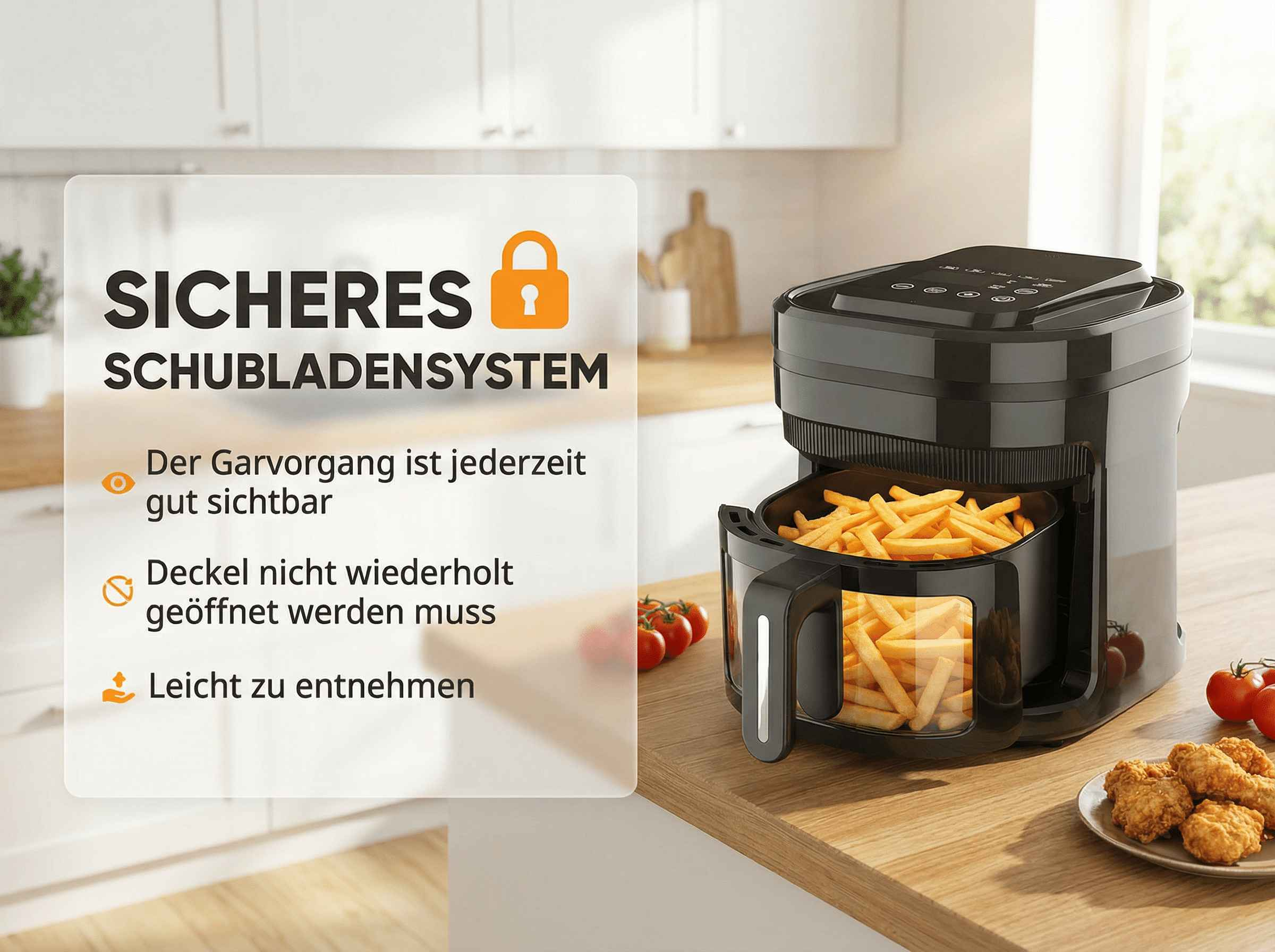 Schwarzer Heißluftfritteuse mit Pommes und Hähnchenteilen auf einer Holzoberfläche.