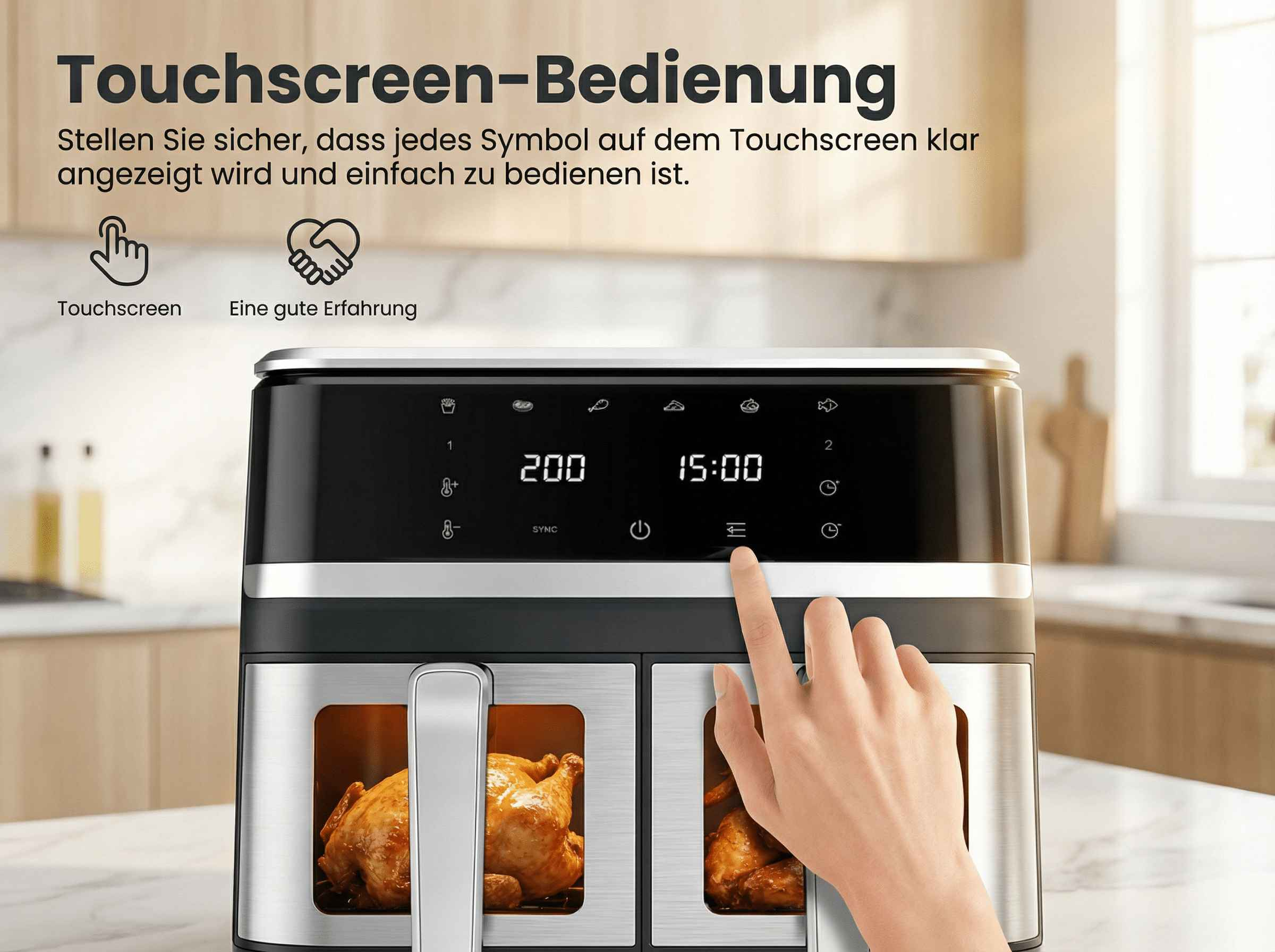 Eine Person bedient einen schwarzen Airfryer mit Touchscreen, auf dem Hähnchen gebraten werden.