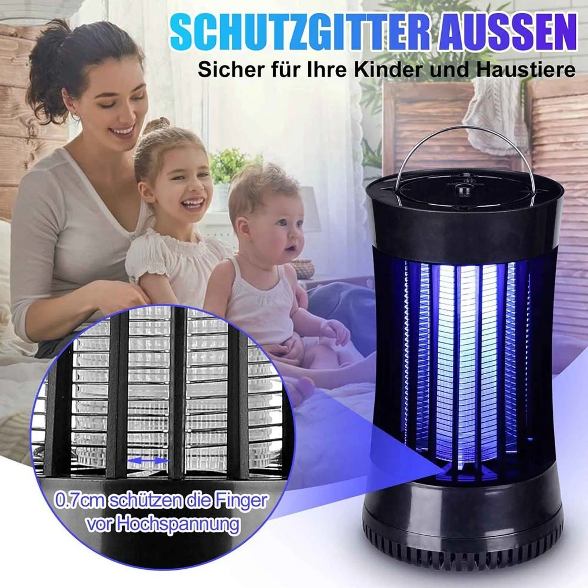 Eine Familie mit Kindern und ein Insektenvernichter mit blauen Lichtern.