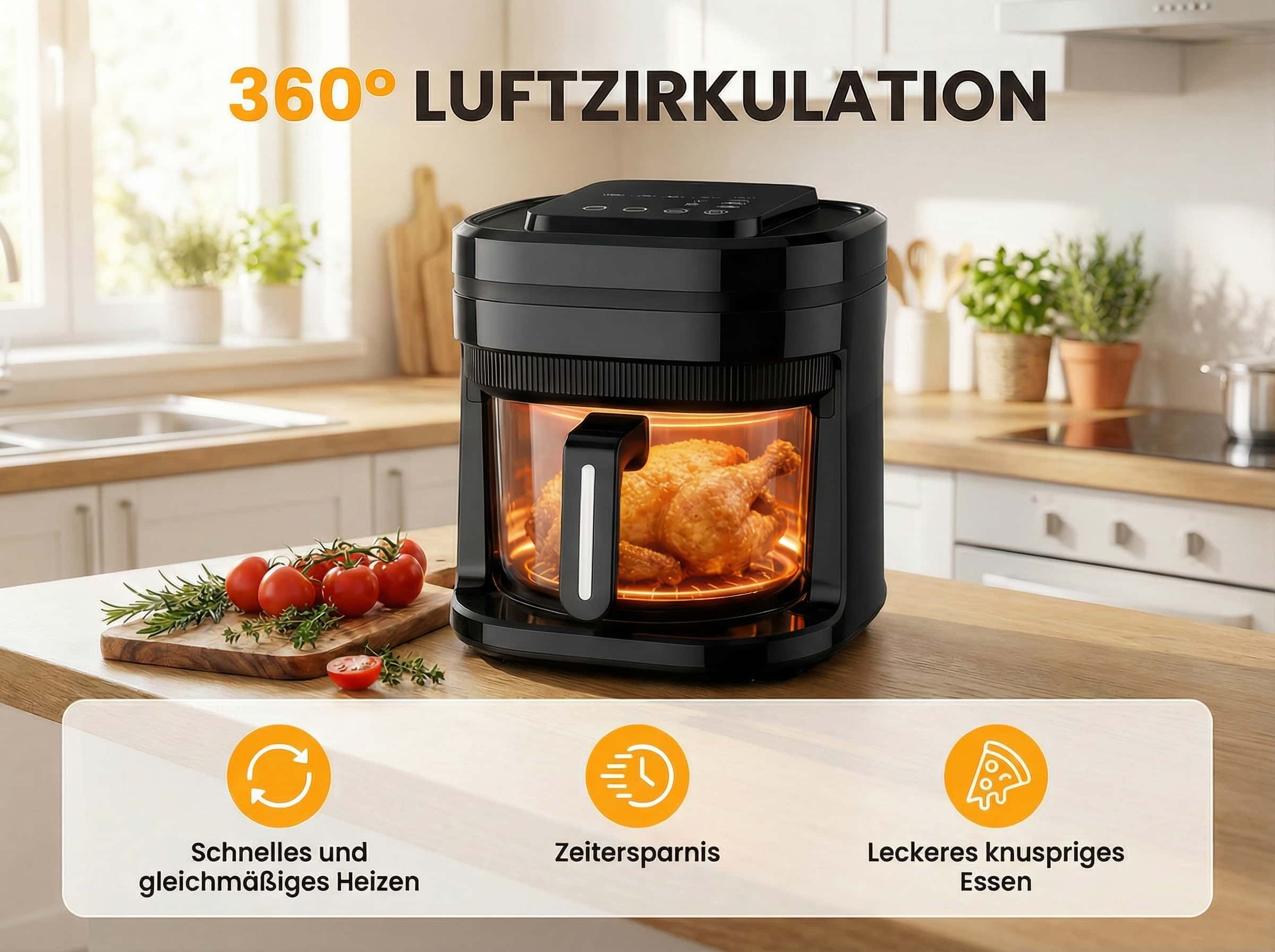 Ein schwarzer Heißluftfritteusen-Ofen mit einem ganzen Huhn darin auf einem Küchentresen.