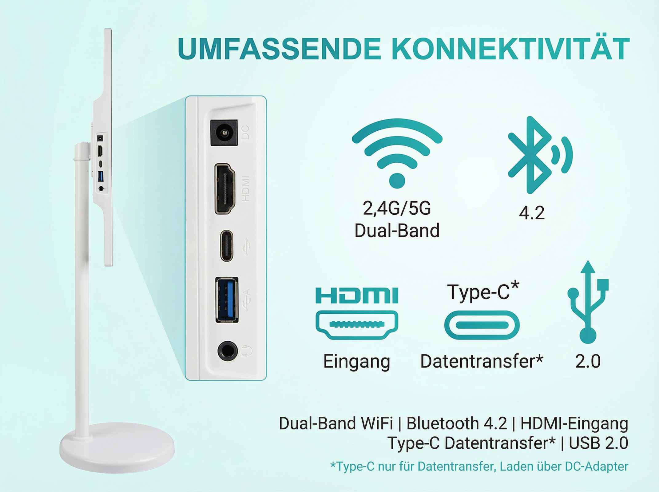 Anschlussübersicht: DC, HDMI, USB, Typ-C. Konnektivität: Dual-Band WLAN, BT 4.2.