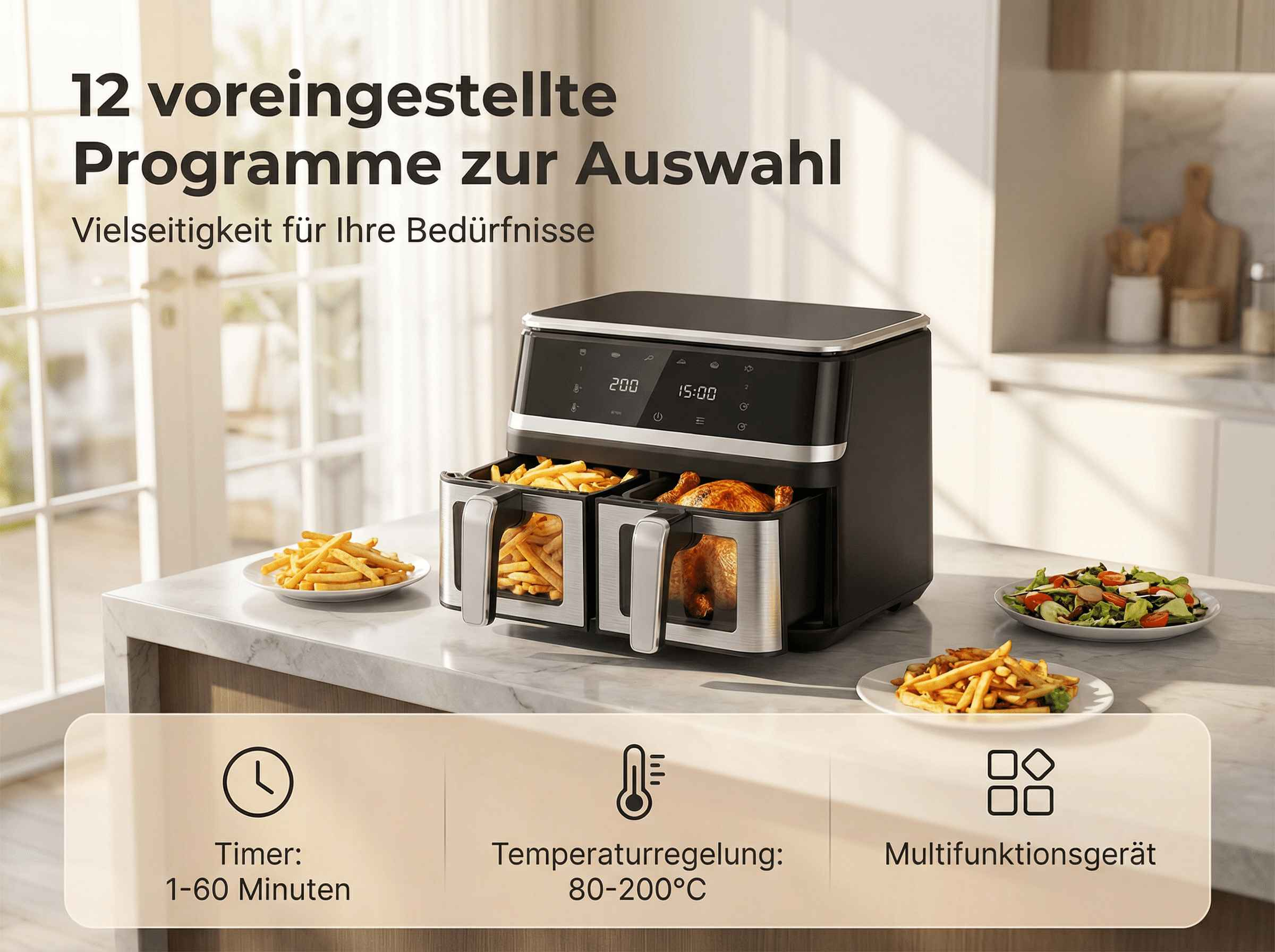 Doppel-Heißluftfritteuse mit Hähnchen und Pommes. "12 Programme", Timer, Temperaturregelung.