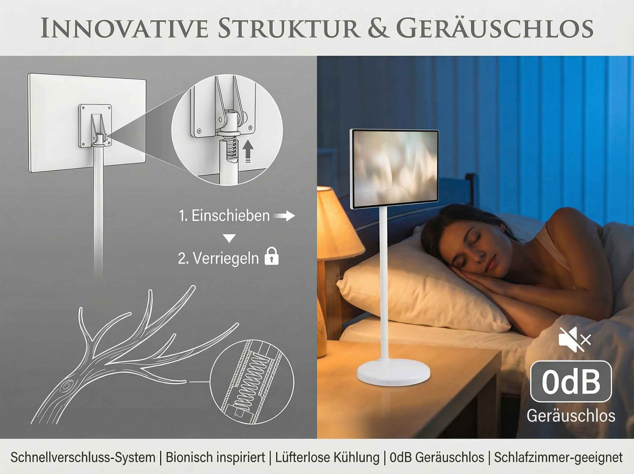 Ein stehender Monitor mit Schnellverschluss-System und einer schlafenden Frau.