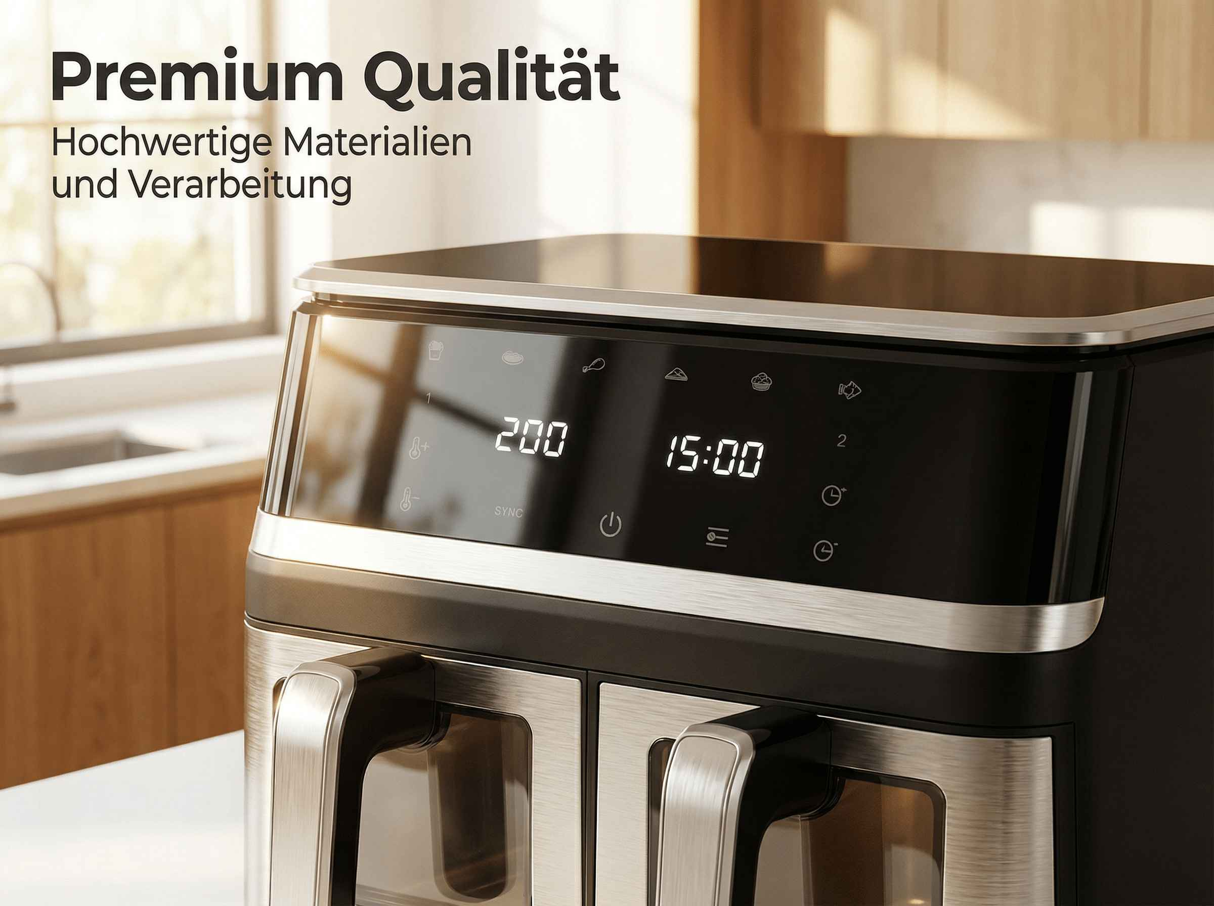 Eine digitale Anzeige zeigt 200 Grad und 15:00 Uhr auf einem schwarzen Airfryer.