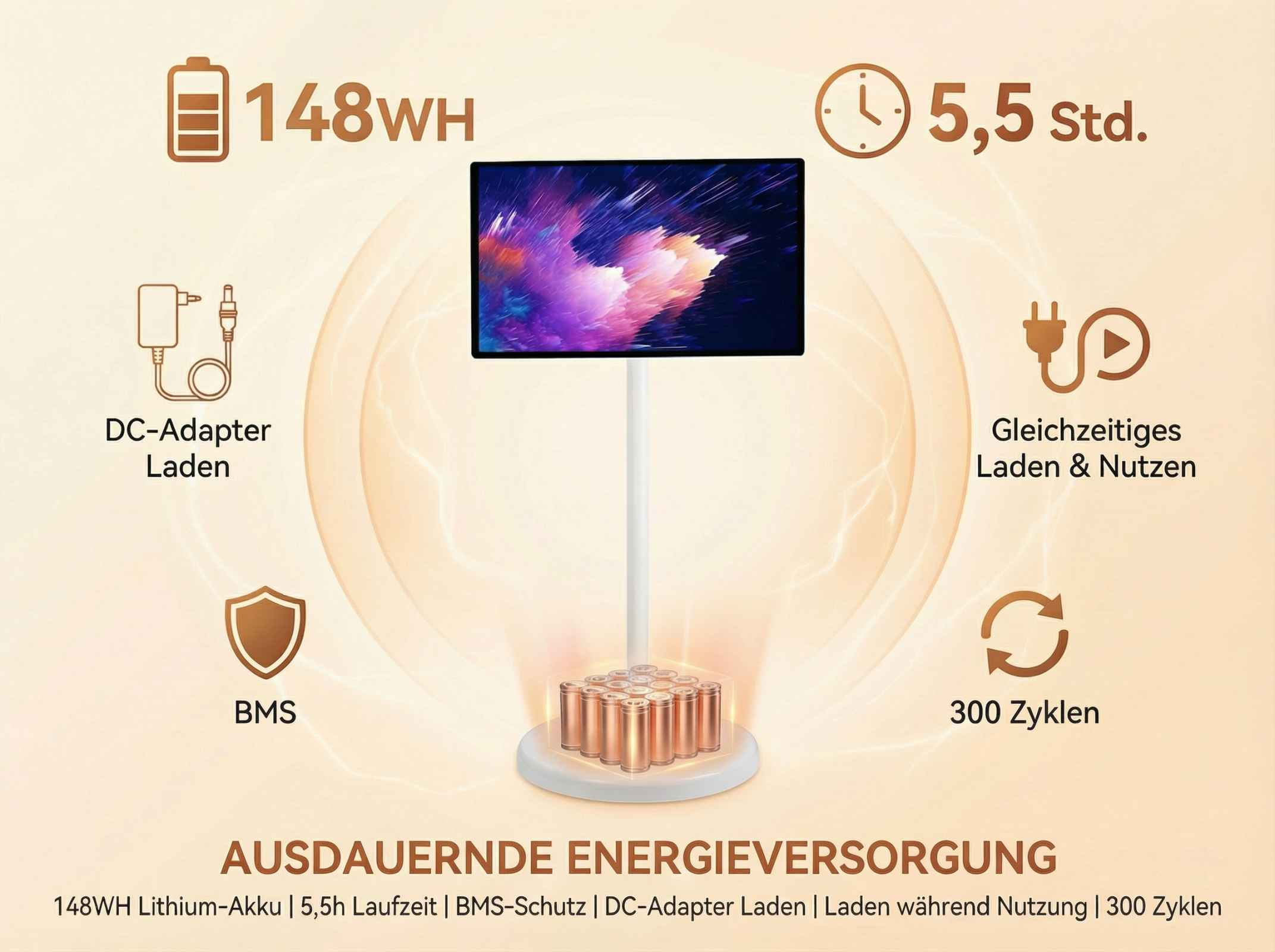 148WH Akku, 5,5h Laufzeit, BMS, DC-Adapter Laden, Gleichzeitiges Laden & Nutzen, 300 Zyklen.
