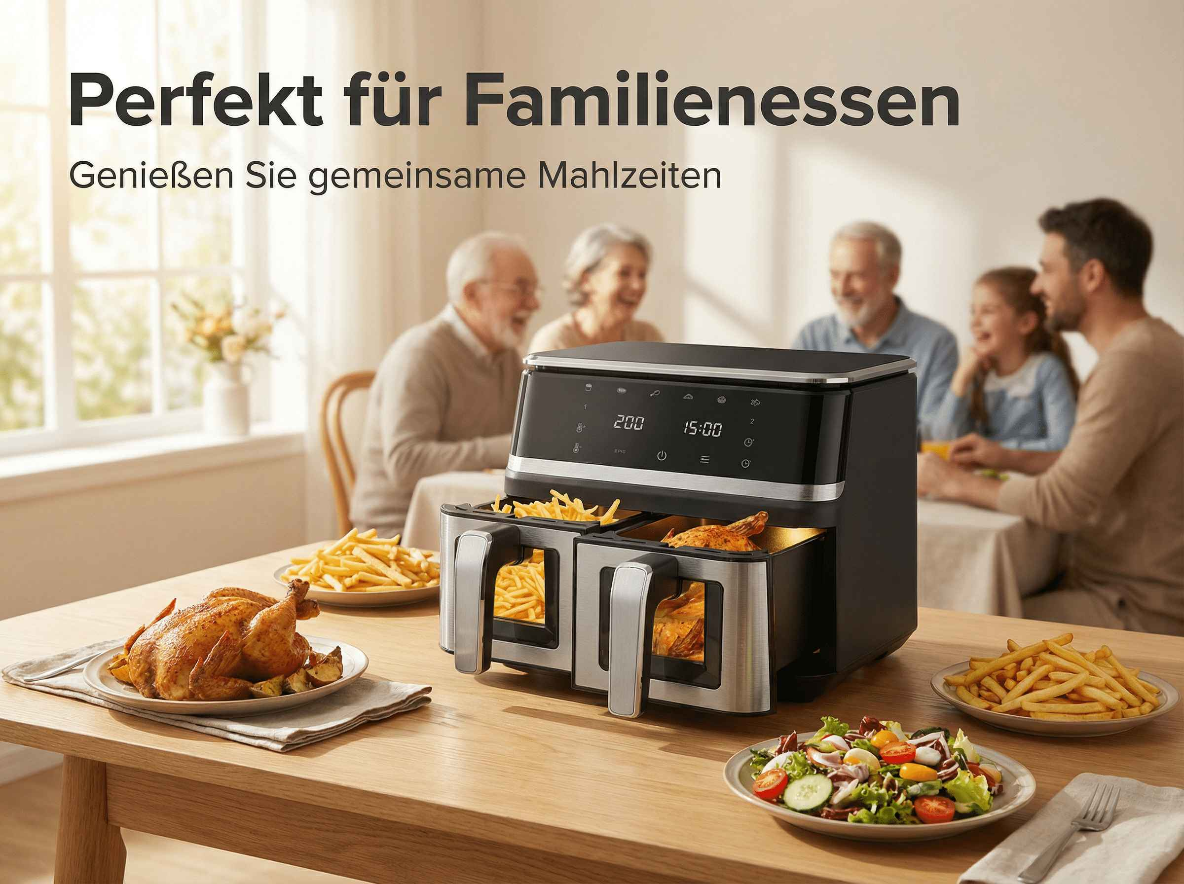 Doppelte Heißluftfritteuse mit Hähnchen, Pommes und Salat. Familie genießt Essen.