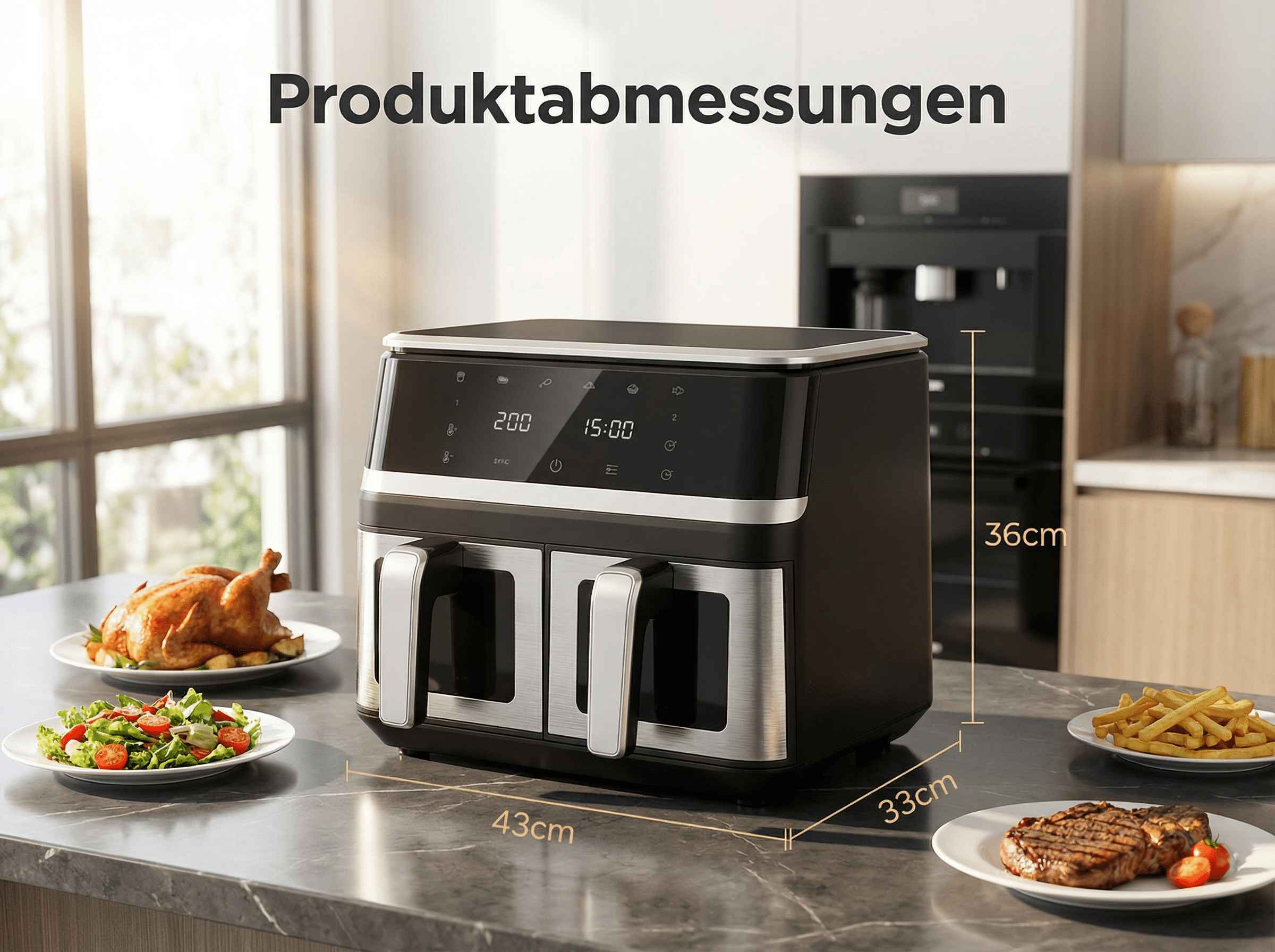 Doppeltes Heißluftfritteusengerät mit Hähnchen, Salat, Steaks und Pommes.