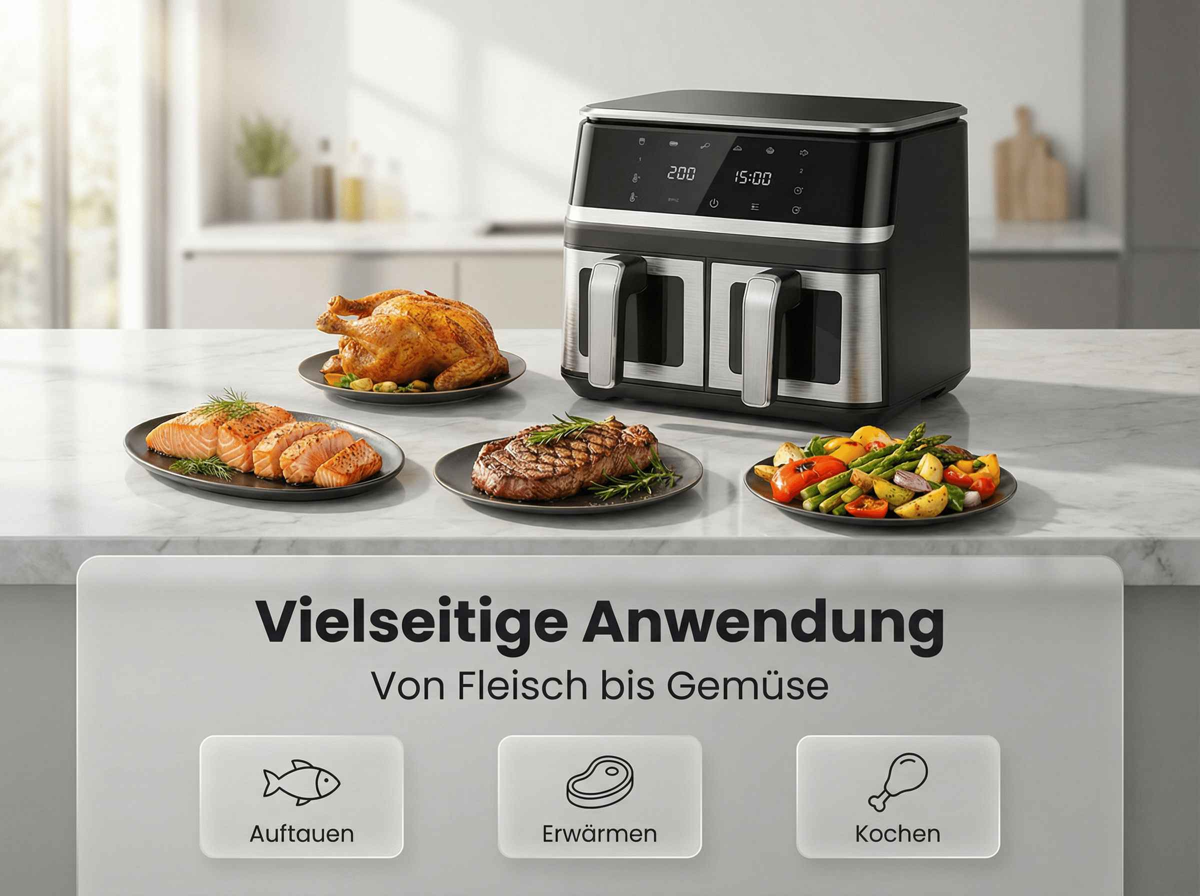 Ein schwarzer Doppel-Heißluftfritteuse neben Gerichten mit Huhn, Lachs, Steak und Gemüse.