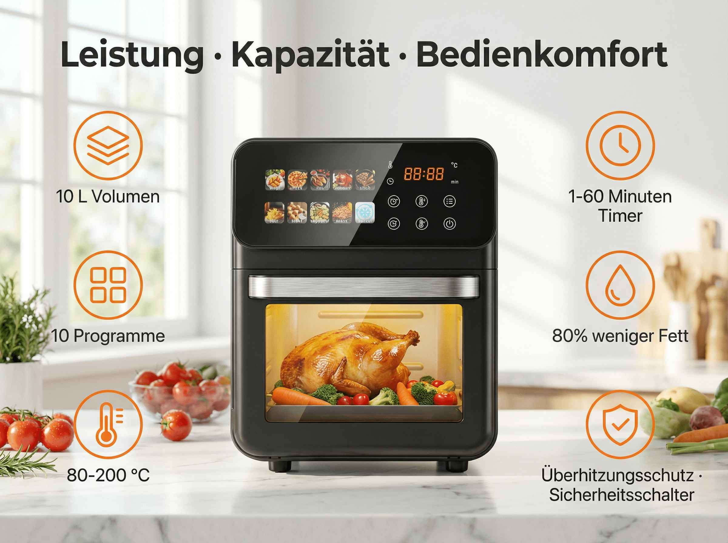 Ein digitaler Ofen mit gebratenem Huhn, Gemüse und Icons für Funktionen.