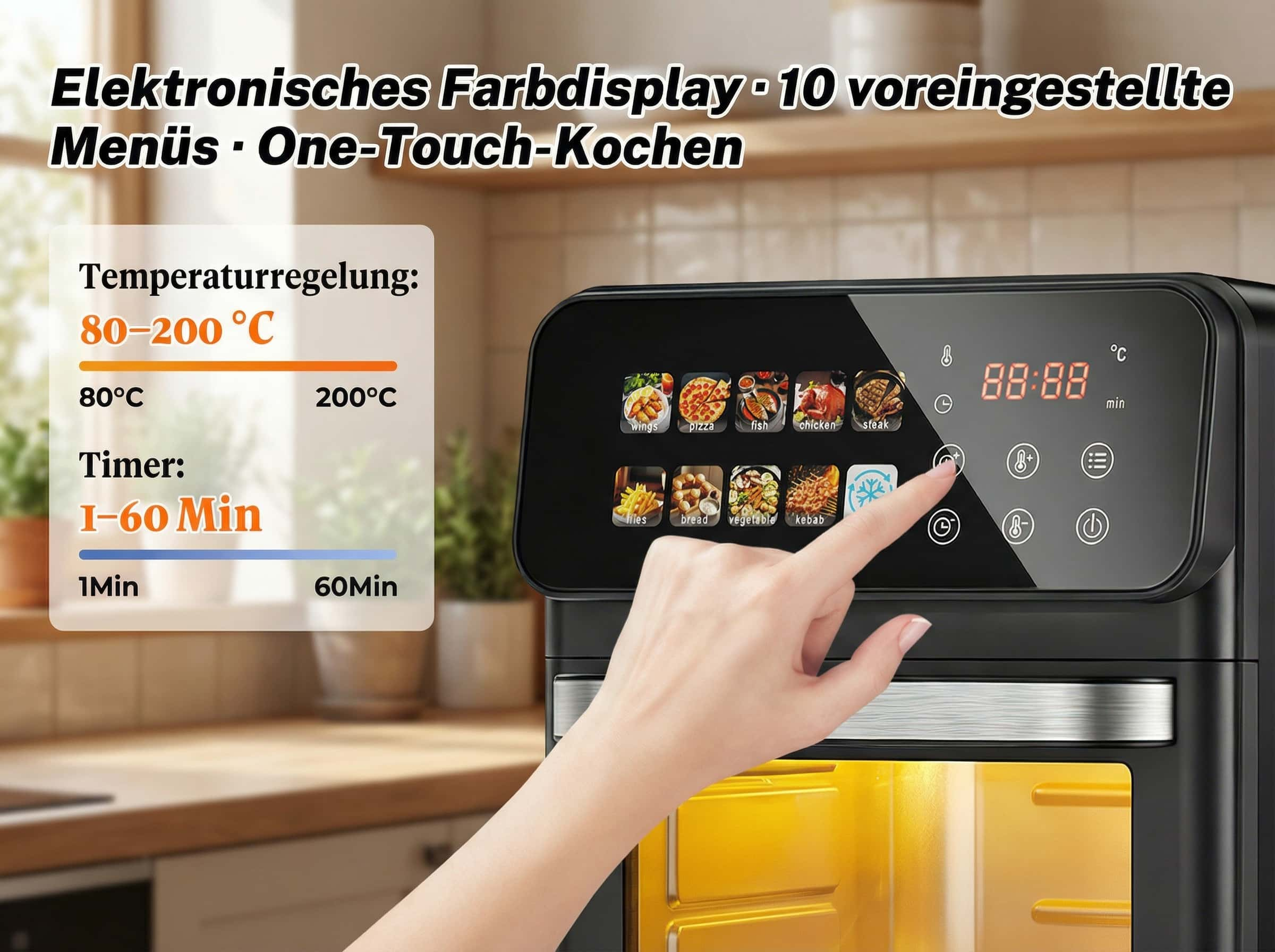 Ein schwarzer Airfryer mit Touchscreen-Display zeigt Menüs für Essen.