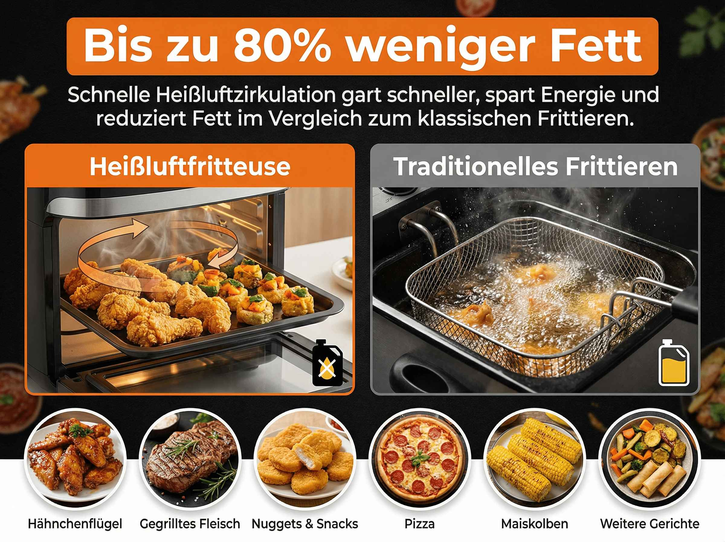 Vergleich von Heißluftfritteuse mit traditionellem Frittieren: zeigt gebratenes Essen.
