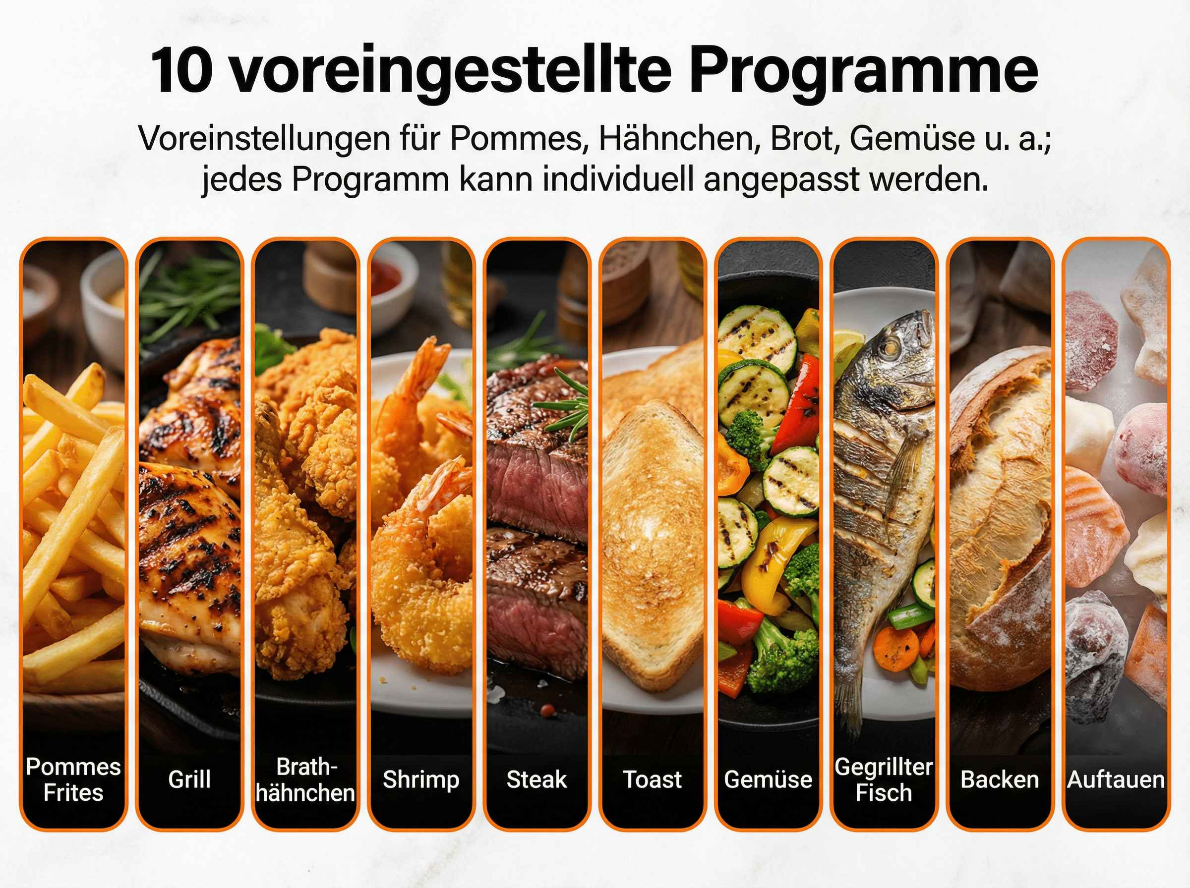 Zeigt 10 voreingestellte Programme für verschiedene Lebensmittel an.
