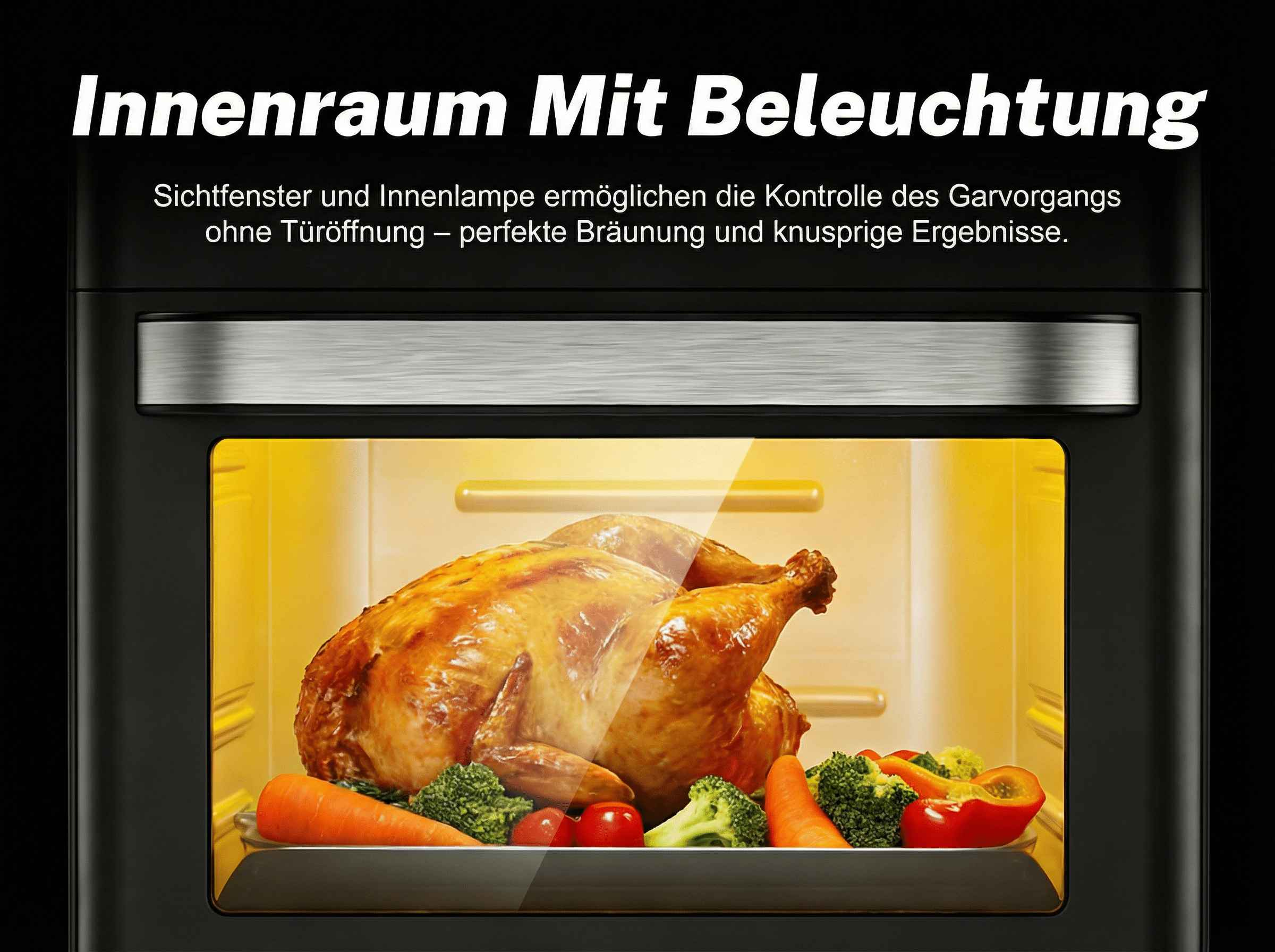 Ein gebratenes Hähnchen mit Gemüse in einem beleuchteten Ofen.