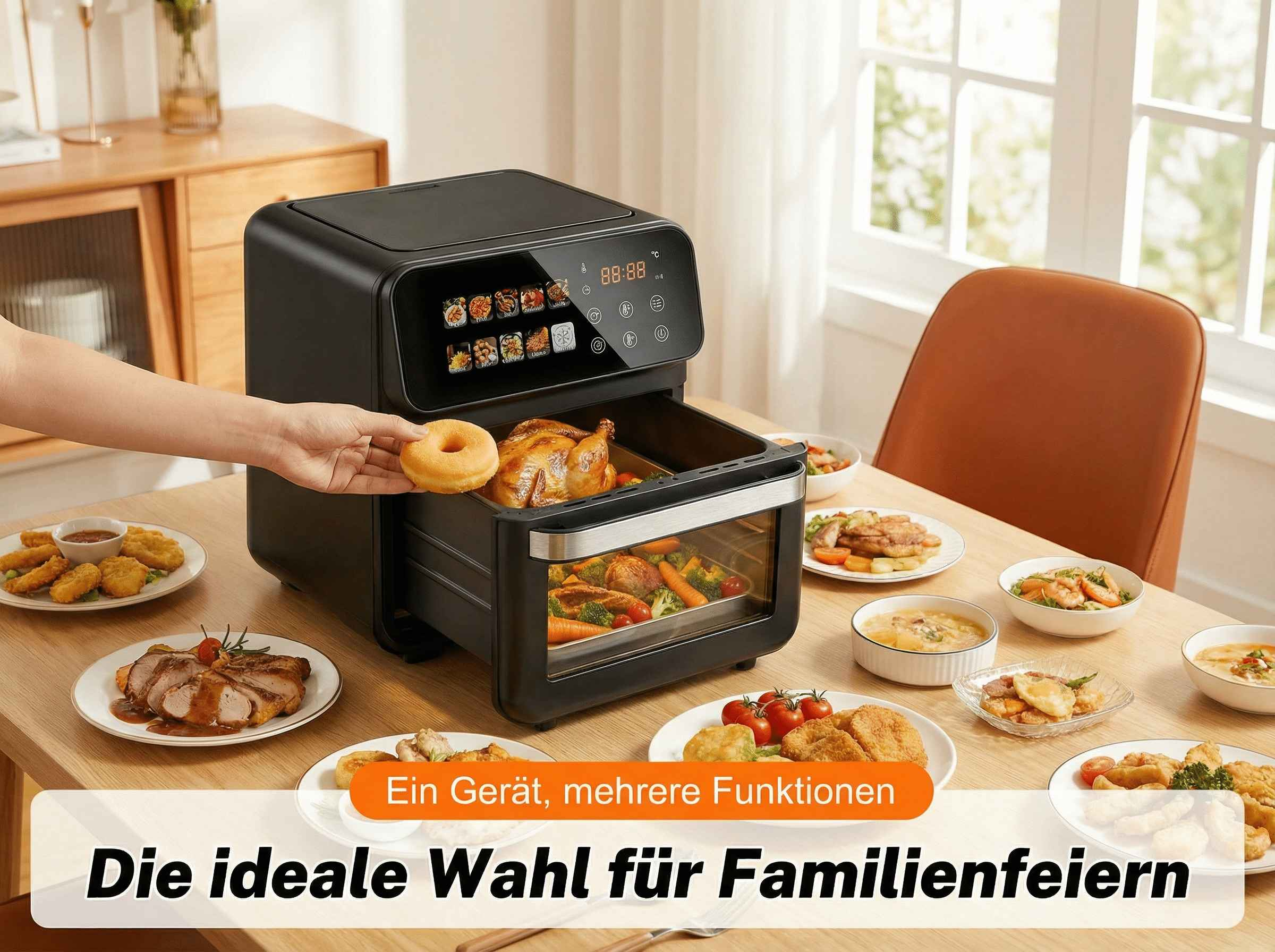 Eine Hand legt einen Donut in eine Heißluftfritteuse mit einem Brathähnchen.