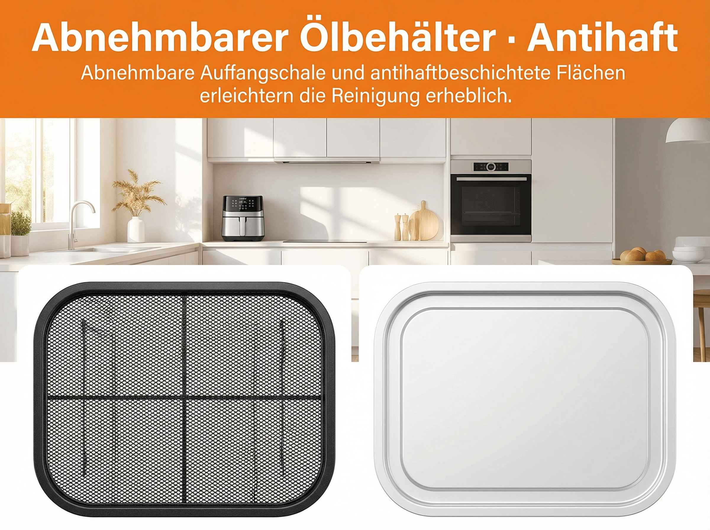 Ein schwarzer Gitterrost und eine weiße Auffangschale nebeneinander.