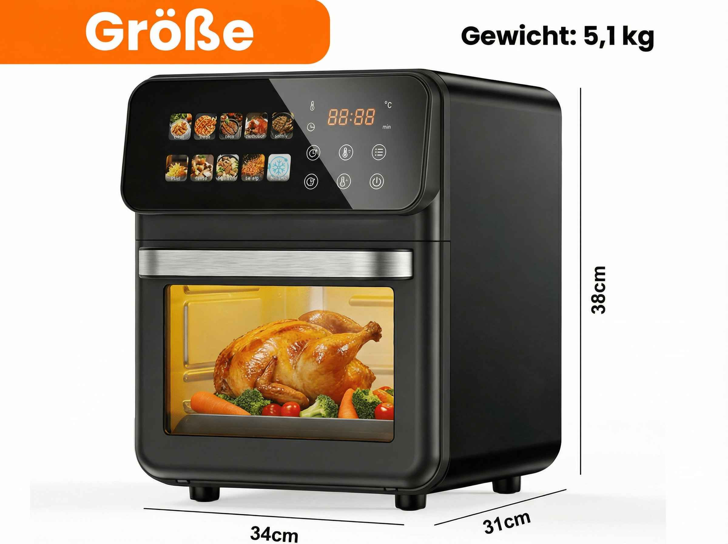 Schwarzer Heißluftfritteusenofen mit gebratenem Huhn und Gemüse.