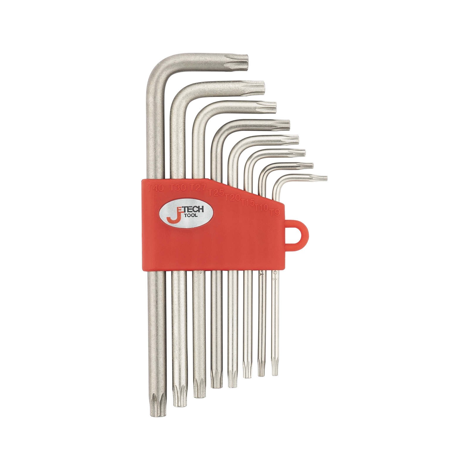 Un set di chiavi Torx a stella in un supporto rosso su sfondo bianco.