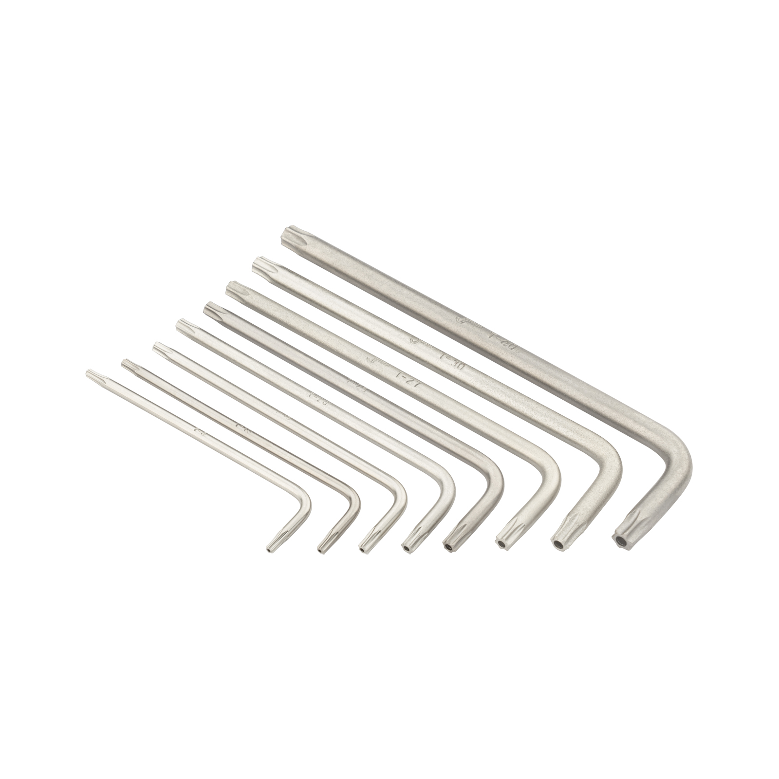 Un set di chiavi Torx di varie dimensioni giace su sfondo bianco.