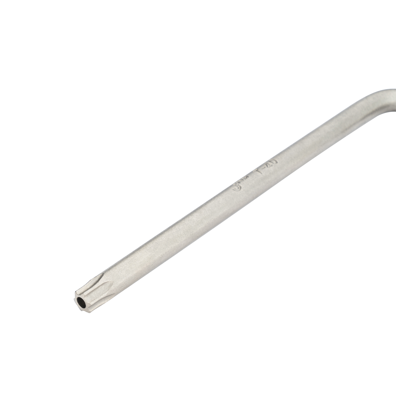 Una chiave Torx argentata con punta a stella, isolata su sfondo bianco.