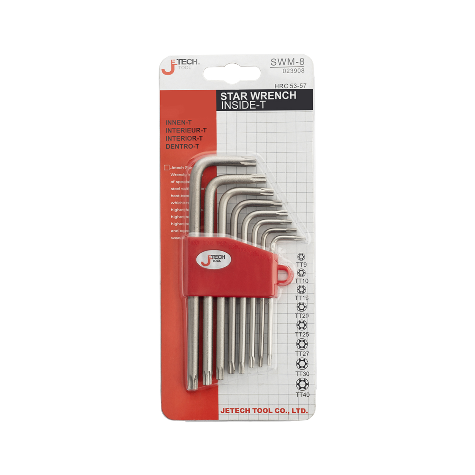 Un set di 9 chiavi a stella in un organizer rosso, confezionato in blister.