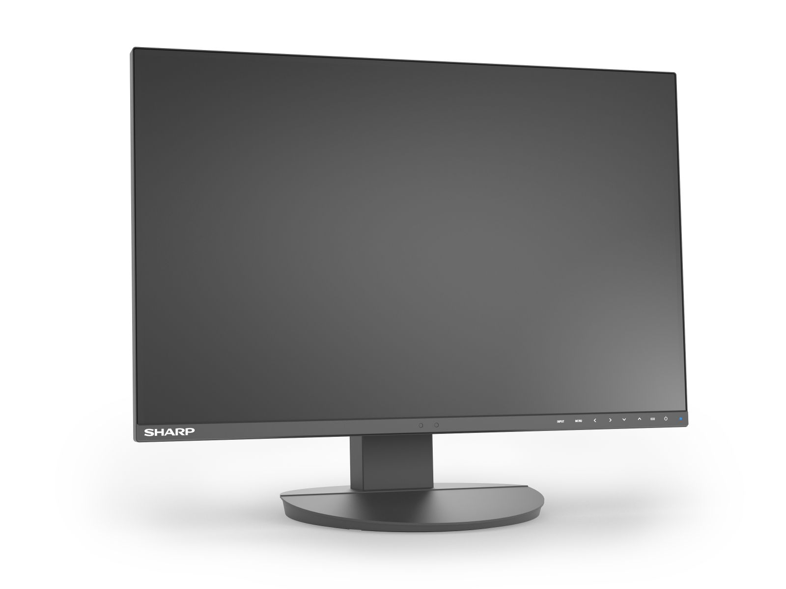Ein schwarzer Computermonitor mit einem breiten Bildschirm und einem stabilen Sockel.