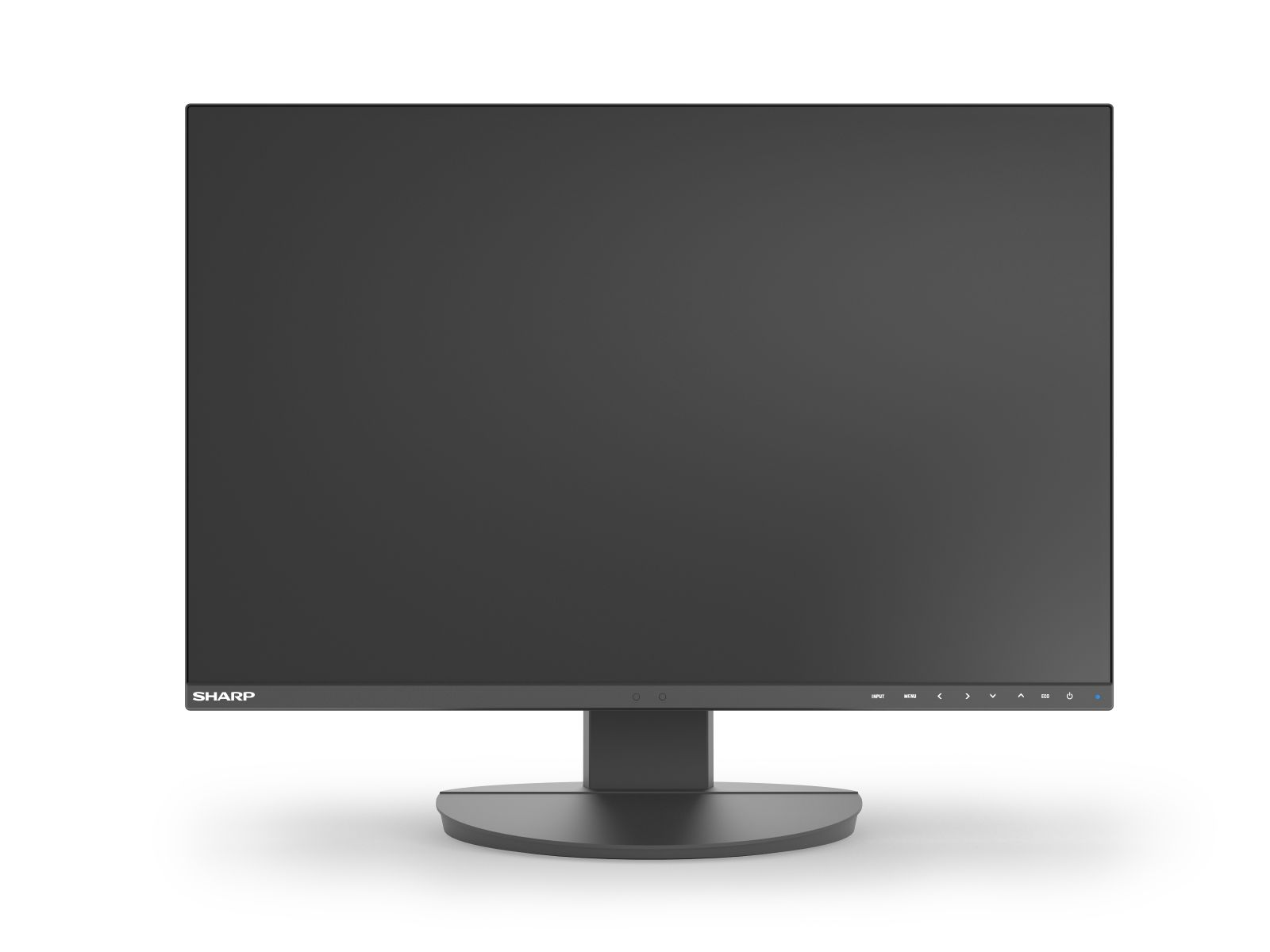 Czarny monitor SHARP stoi na okrągłej podstawie.