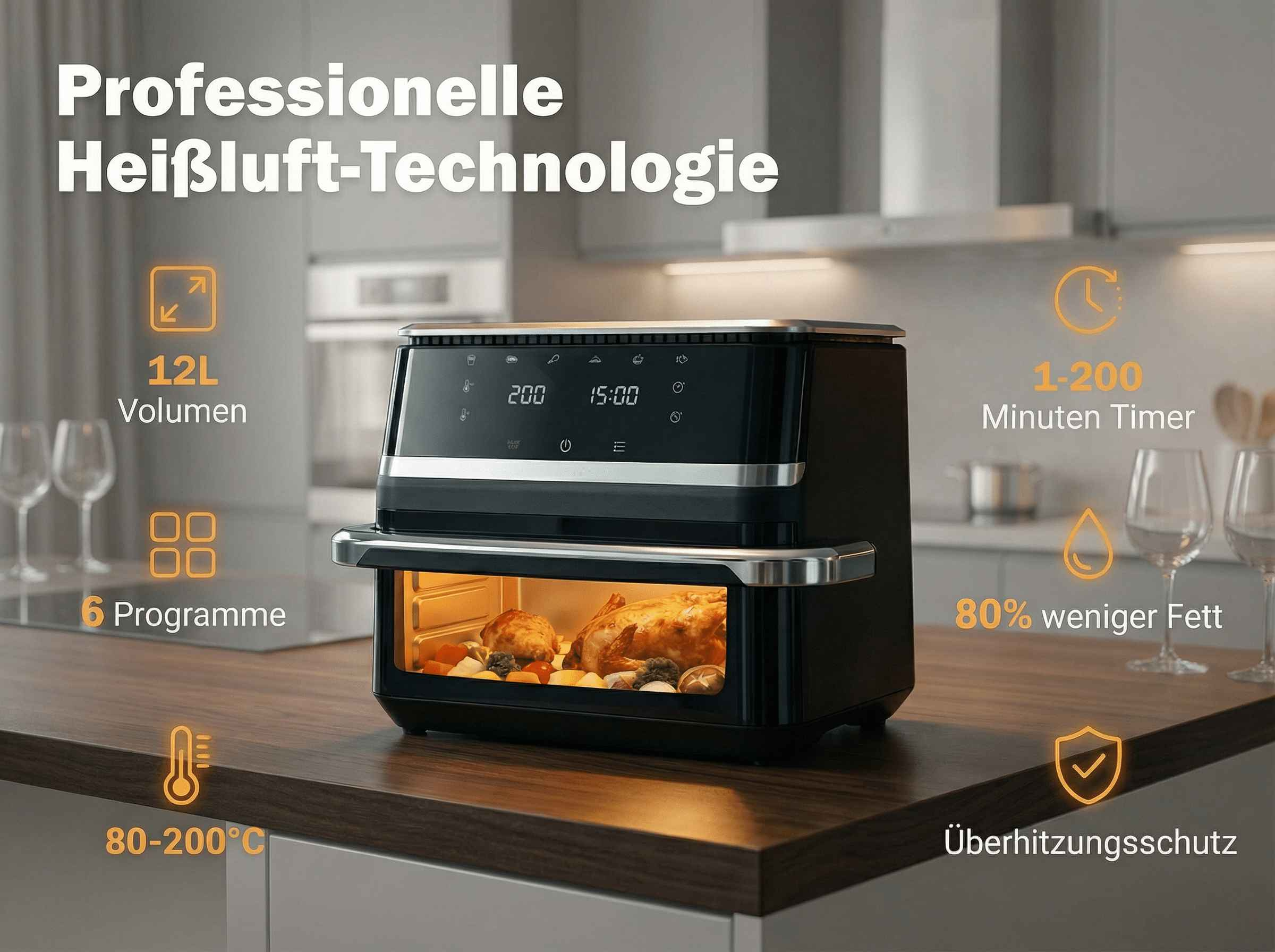 Professioneller Heißluftfritteuse mit 12L Volumen, 6 Programmen, 1-200 Min Timer, 80-200°C.