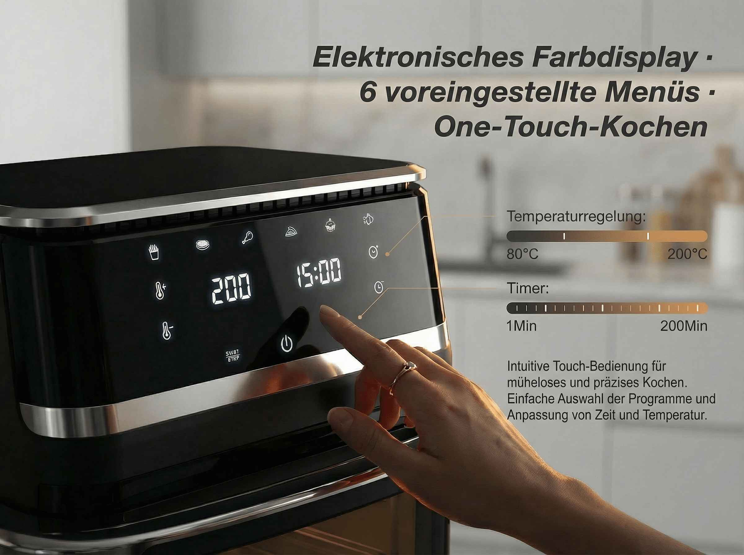 Ein Finger berührt das Display eines digitalen Airfryers mit Temperatur- und Timer-Anzeige.