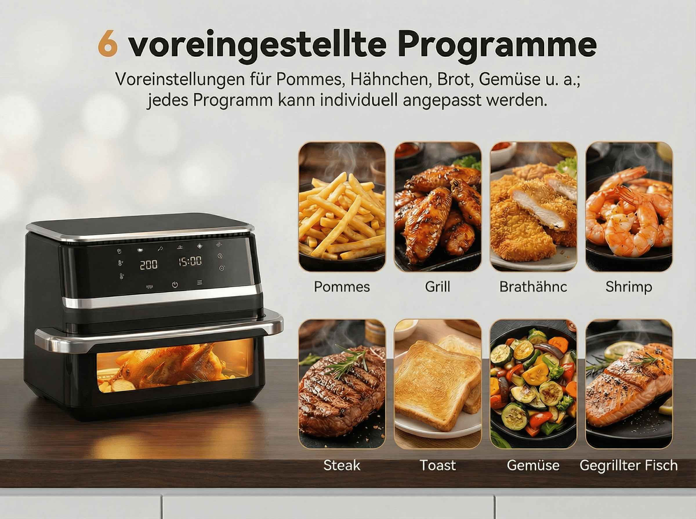 Ein Airfryer mit sechs Kochprogrammen: Pommes, Grill, Brathähnchen, Garnelen, Steak, Toast, Gemüse, Fisch.