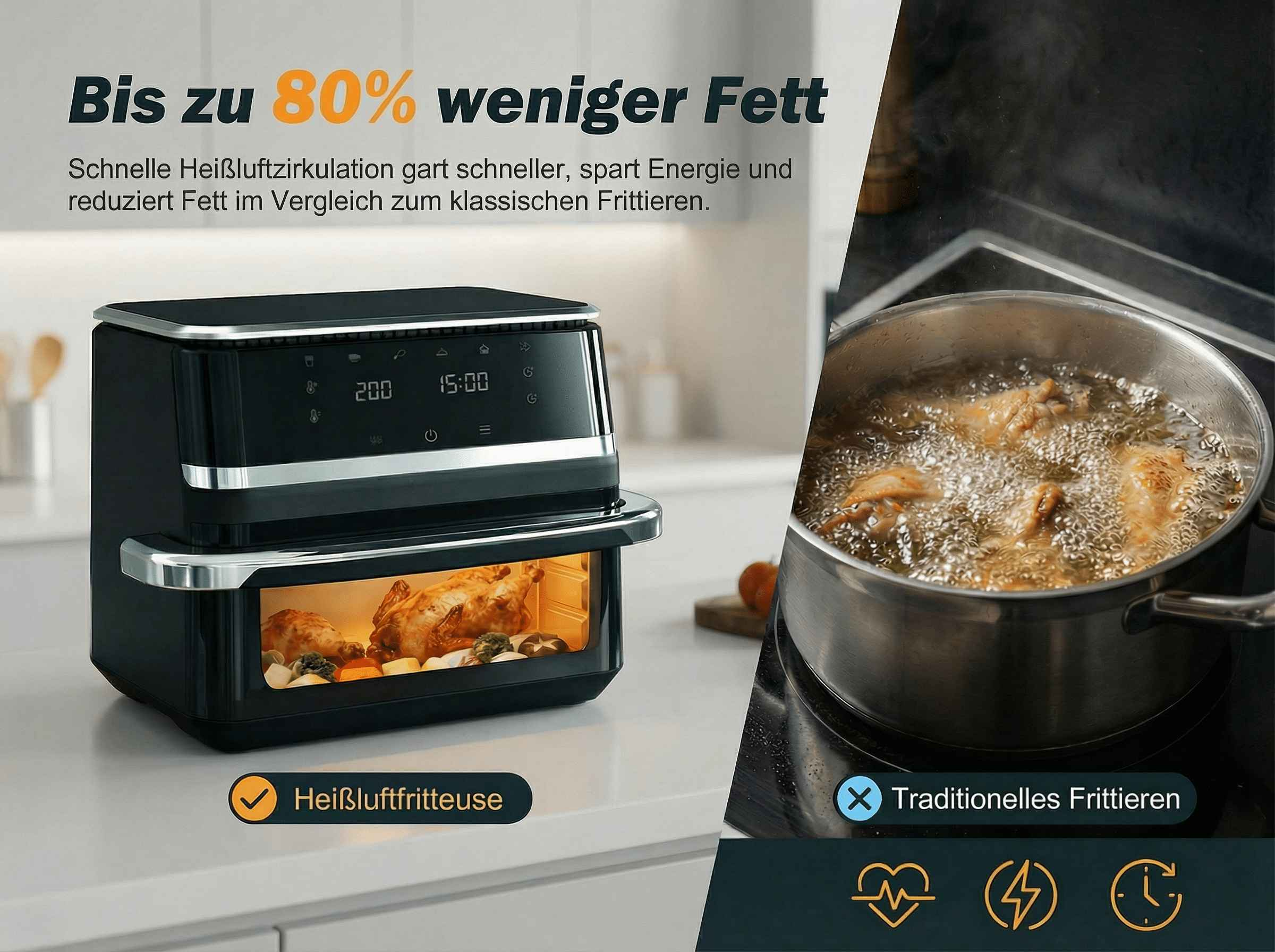 Ein Heißluftfritteuse mit Brathähnchen und eine Pfanne mit brutzelnden Hähnchenteilen.