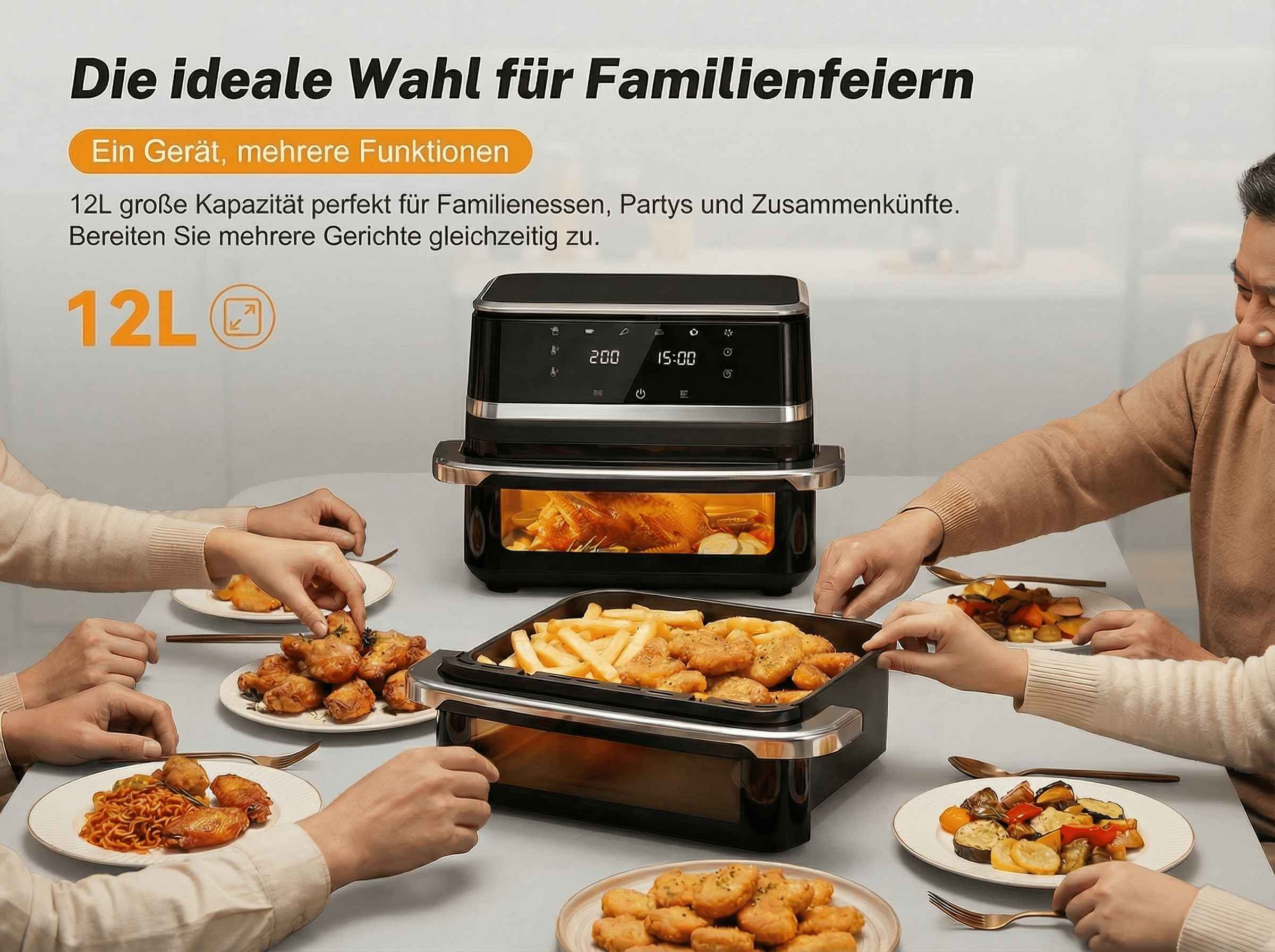 Eine Familie isst gemeinsam aus einem großen Airfryer mit Hähnchen, Pommes und Gemüse.