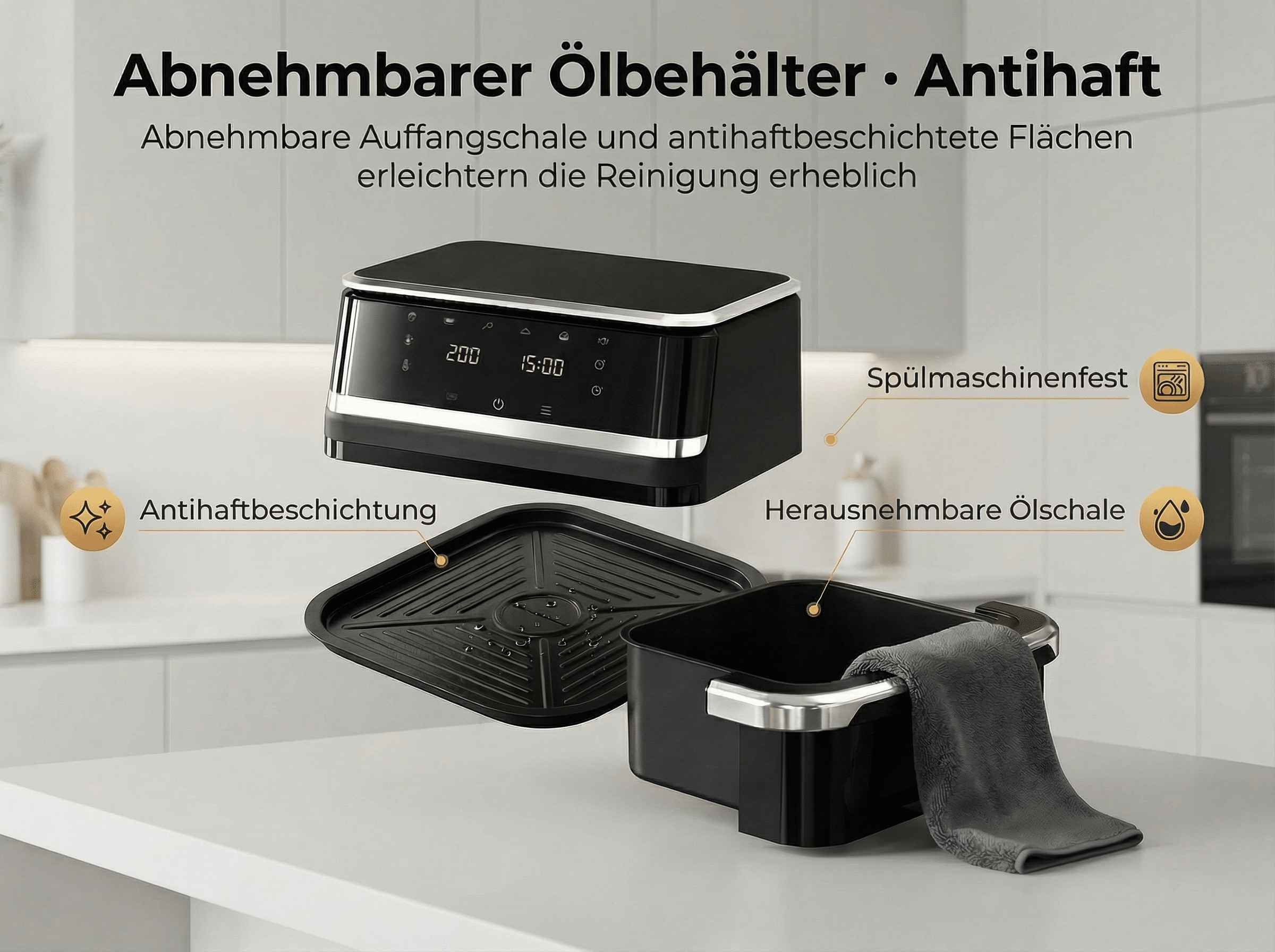 Ein schwarzer Airfryer mit herausnehmbaren Teilen und Text.