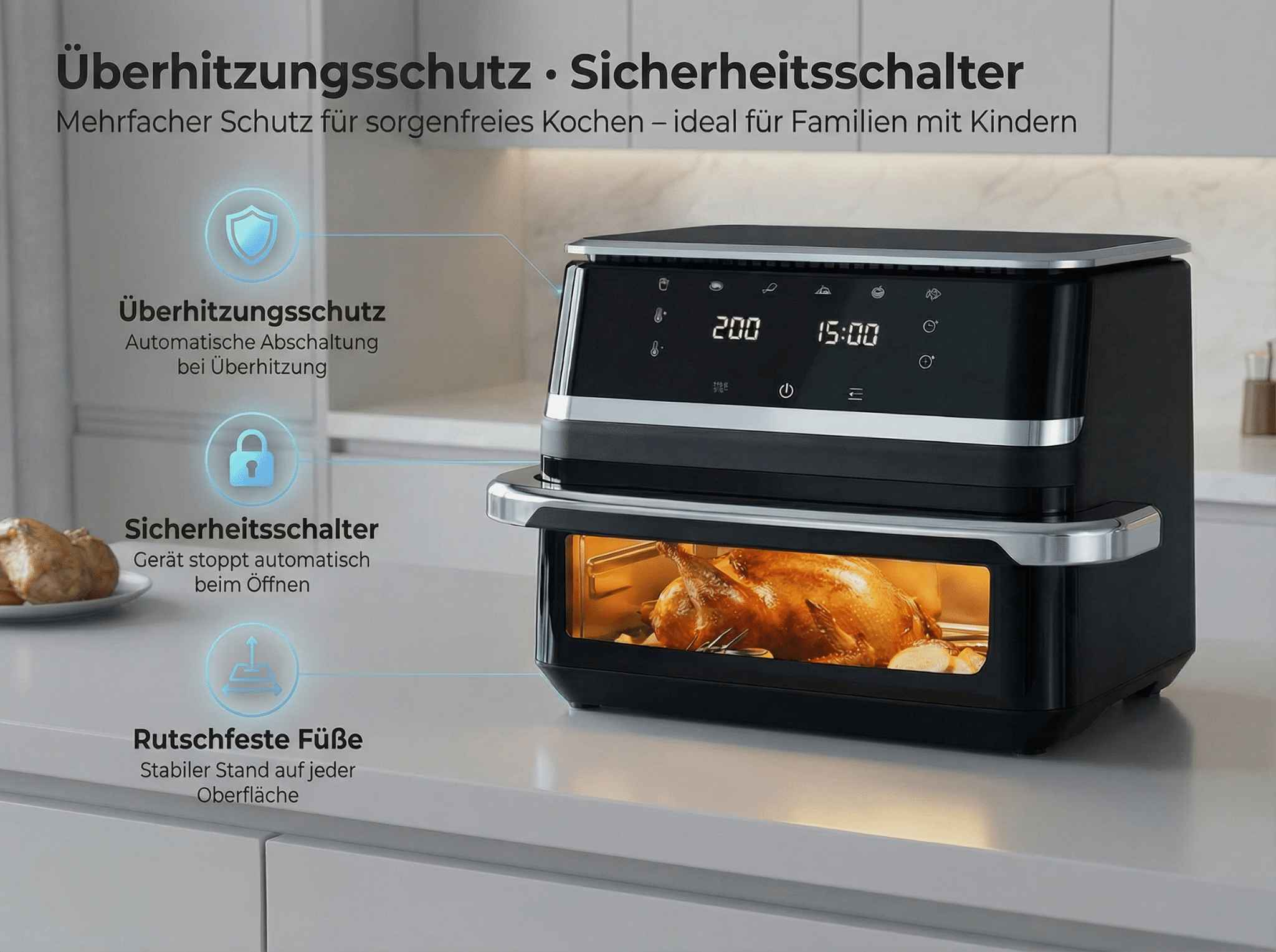 Ein schwarzer Heißluftfritteusen-Ofen mit einem gebratenen Huhn darin.