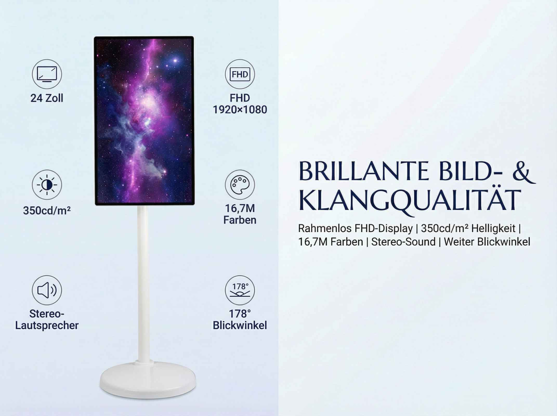Ein 24-Zoll-FHD-Display mit Sternennebel-Hintergrund auf einem weißen Ständer.