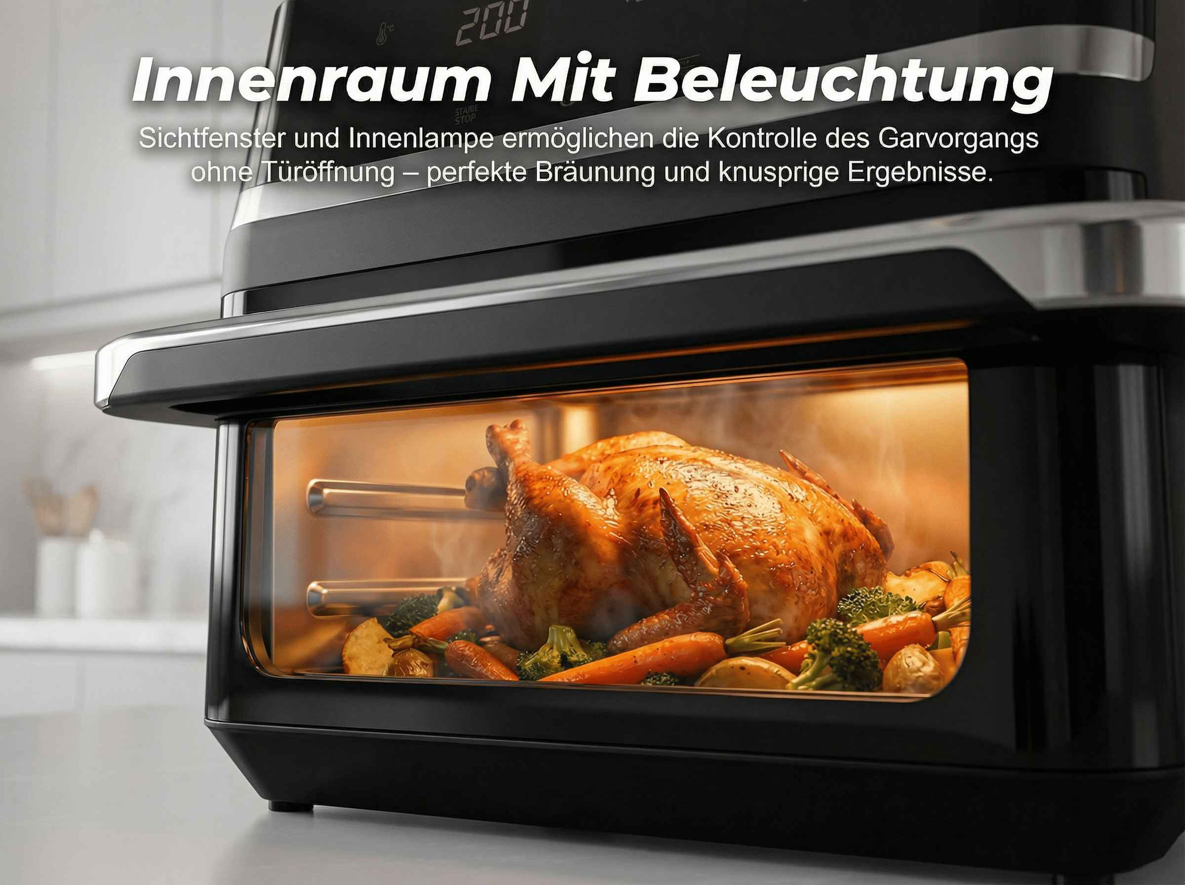 Ein Brathähnchen mit Gemüse gart in einem beleuchteten Ofen.