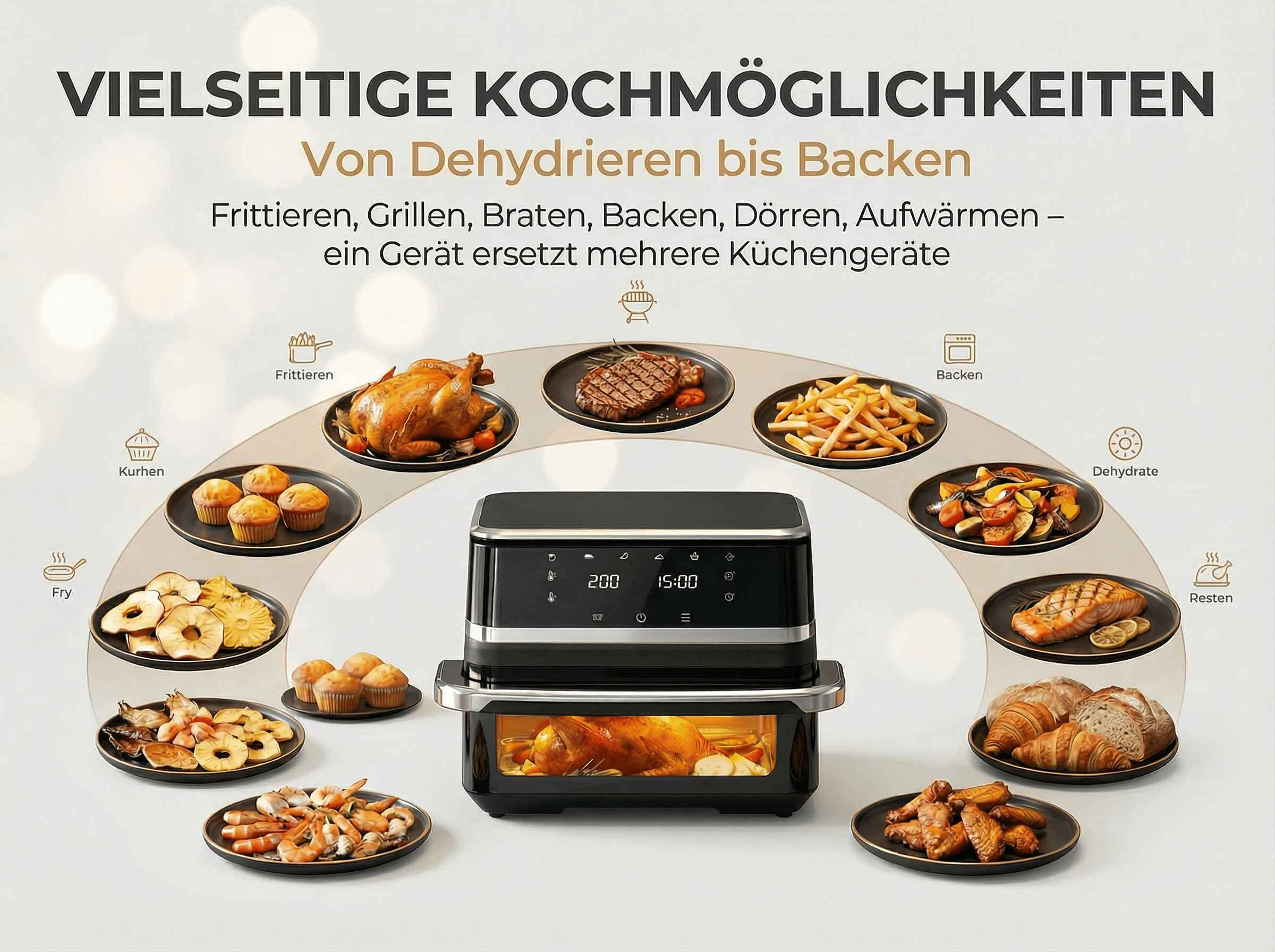 Ein Airfryer mit verschiedenen Speisen: Huhn, Steak, Pommes, Gemüse, Lachs, Brötchen.