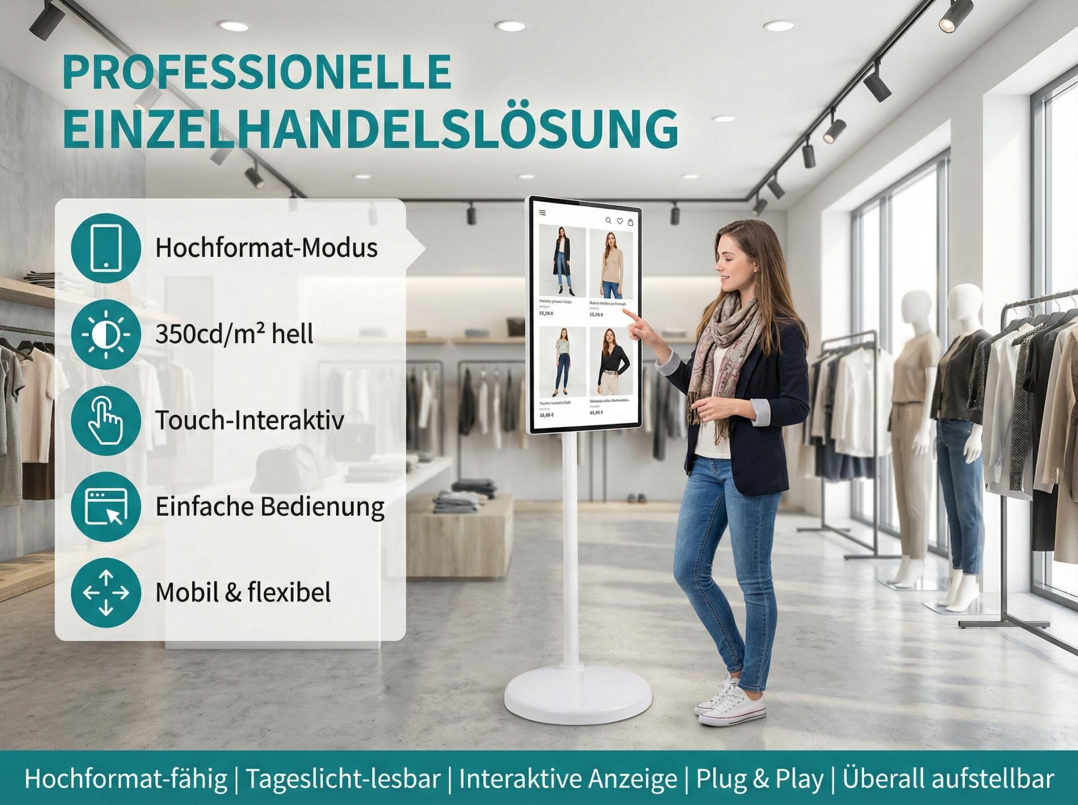 Frau interagiert mit digitalem Display in einem Geschäft mit Kleidung und Schaufensterpuppen.