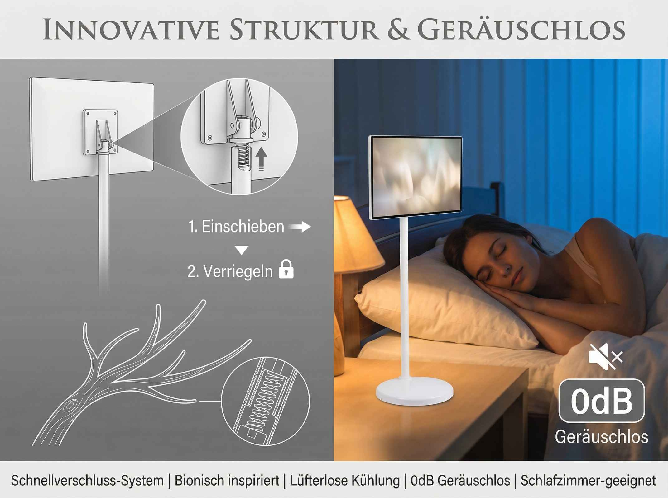 Illustration zeigt TV-Halterung, Frau schläft, 0dB Geräuschlos.