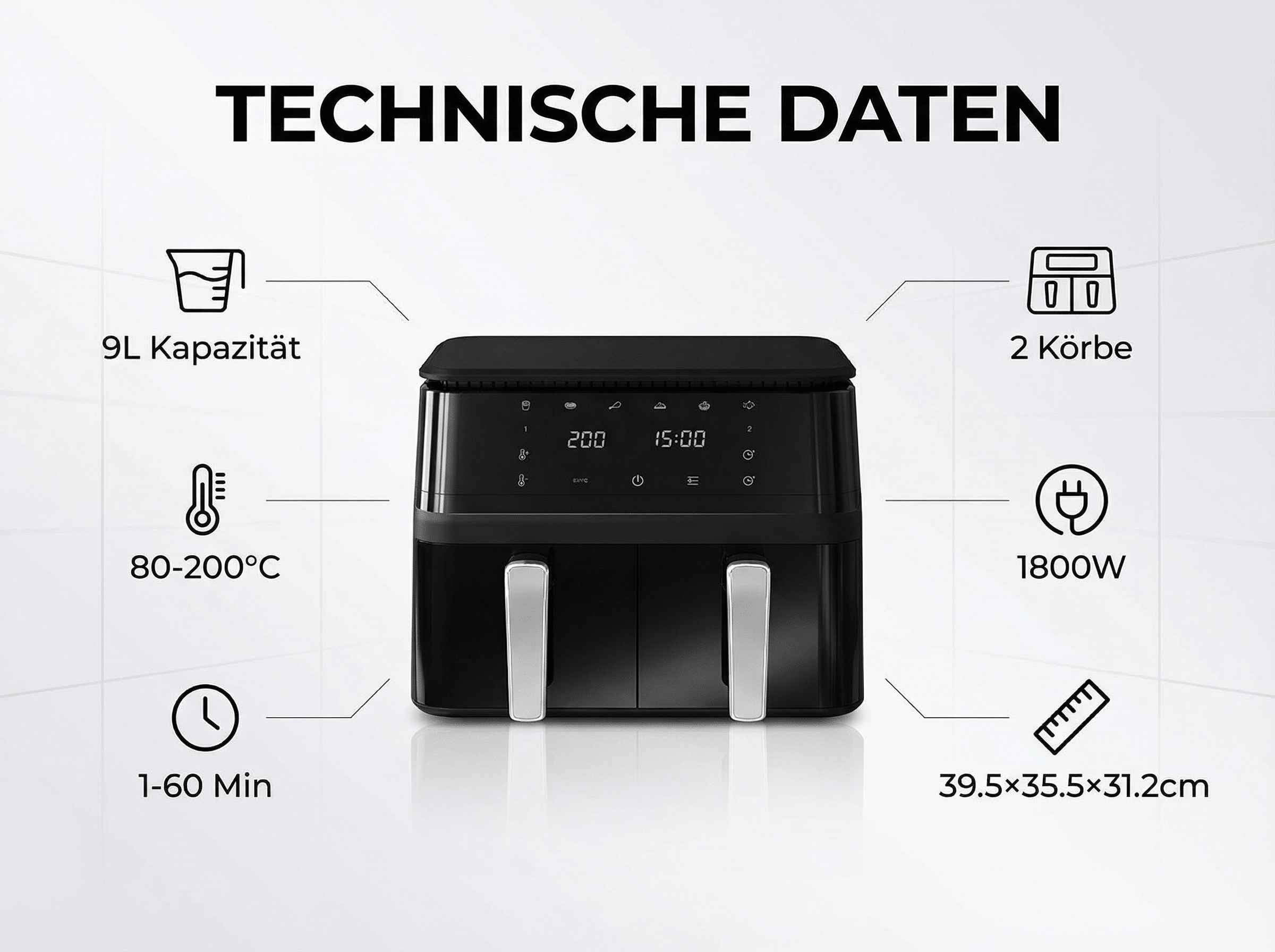 Technische Daten: 9L Kapazität, 80-200°C, 1-60 Min, 2 Körbe, 1800W, 39.5x35.5x31.2cm.