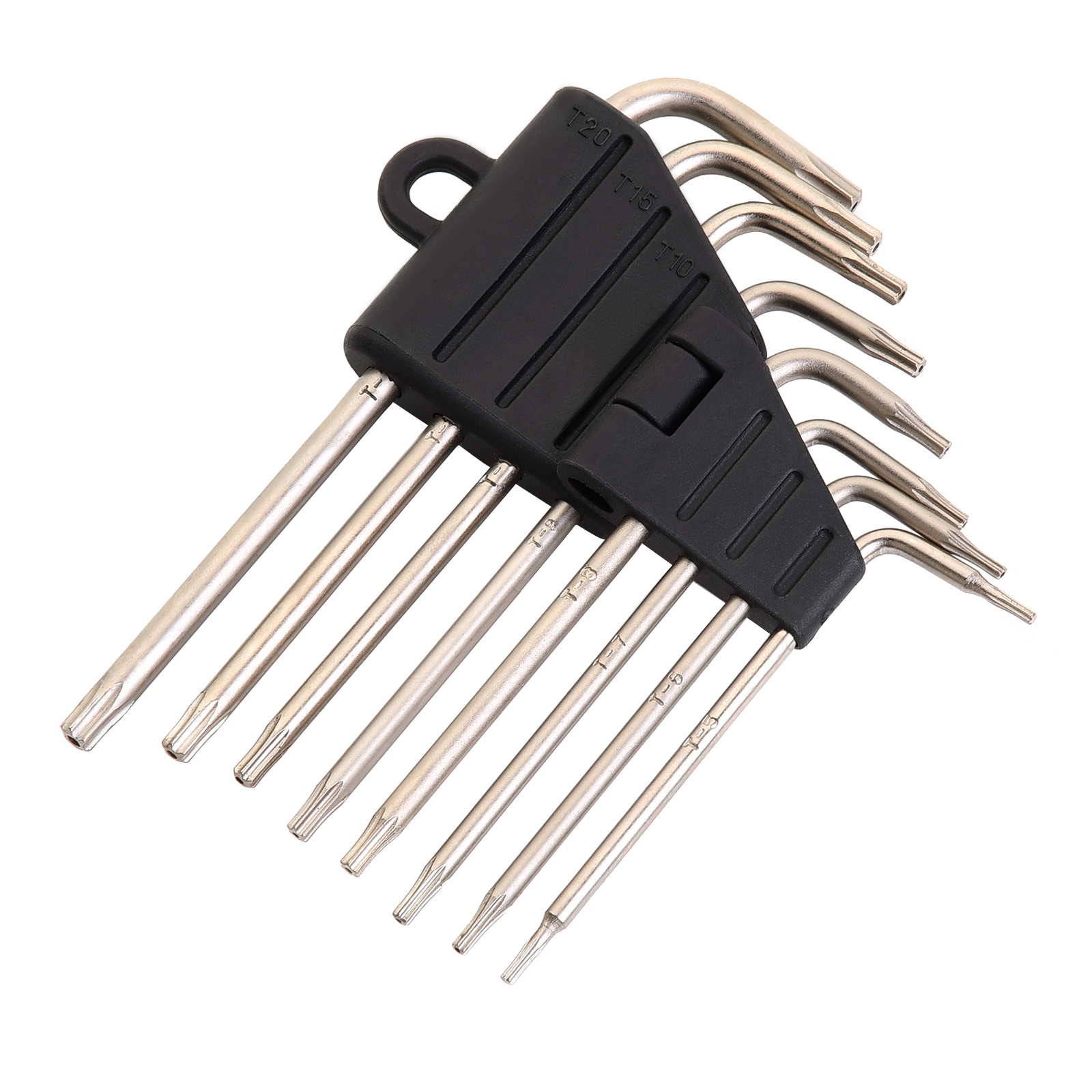 Un set di chiavi Torx con supporto nero, su sfondo bianco.