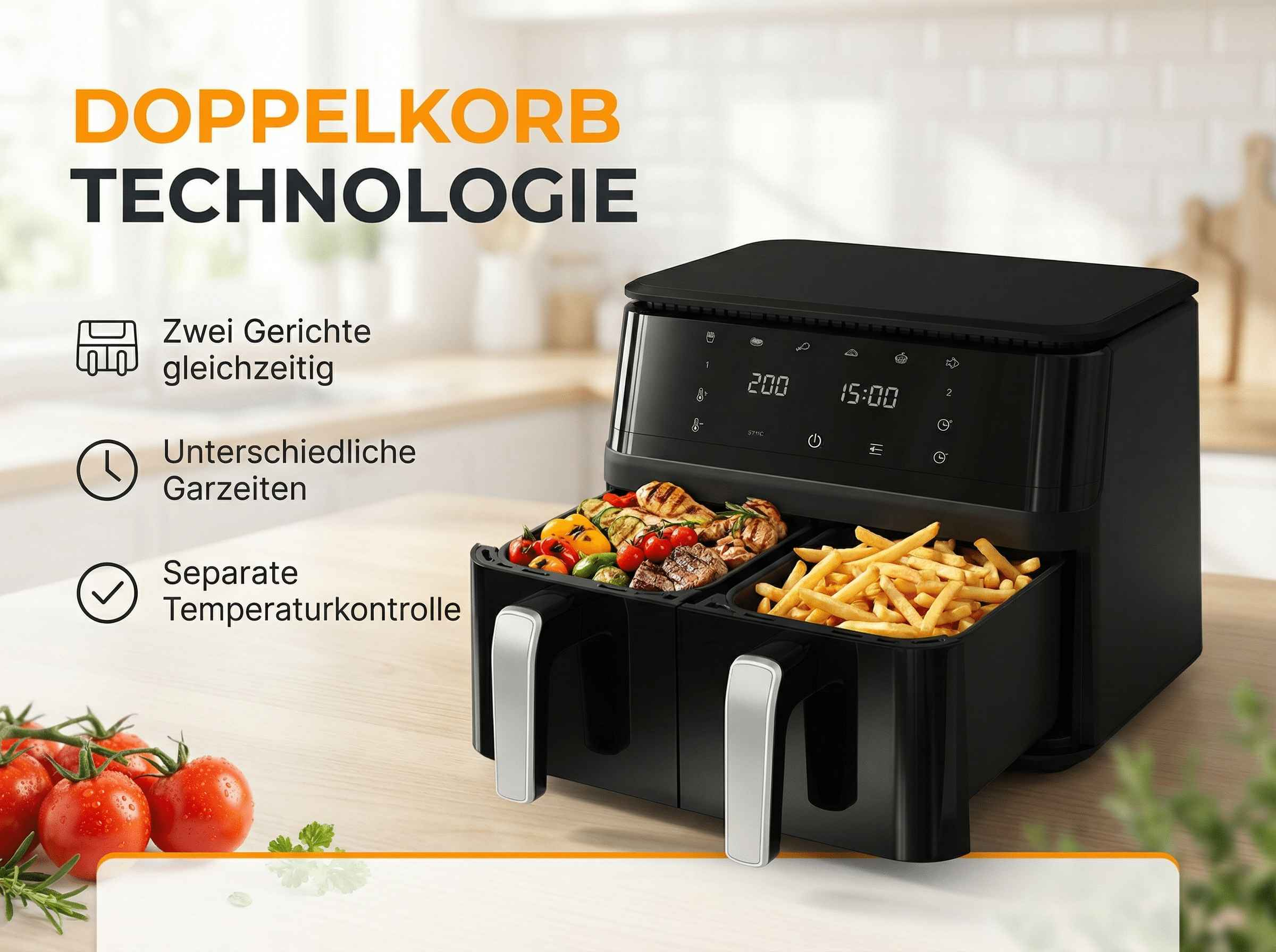 Schwarze Heißluftfritteuse mit zwei Körben, gefüllt mit Essen und Pommes.