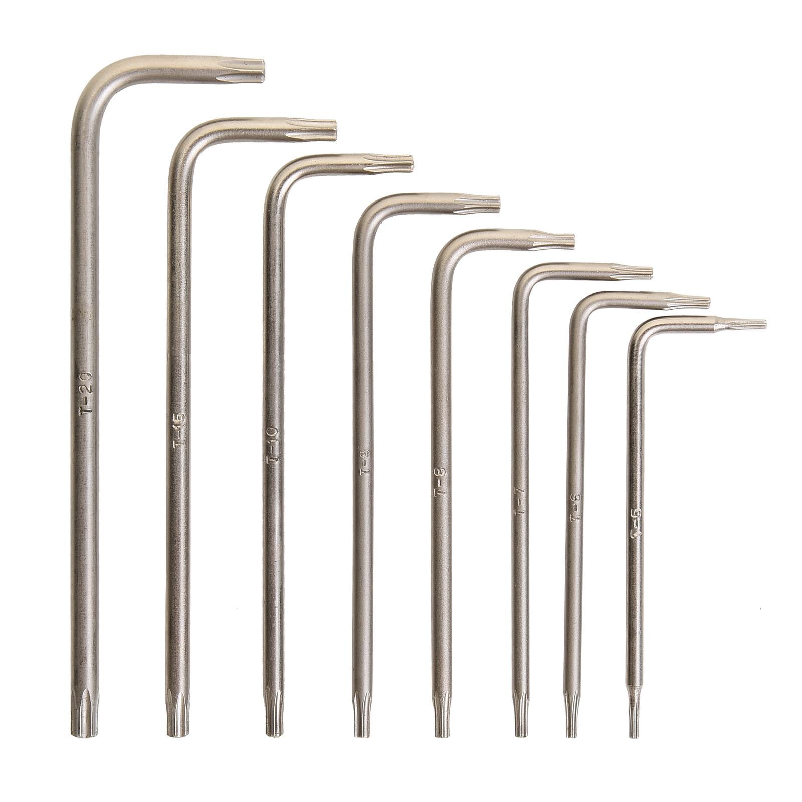 Set di 7 chiavi Torx di varie misure, su sfondo bianco.