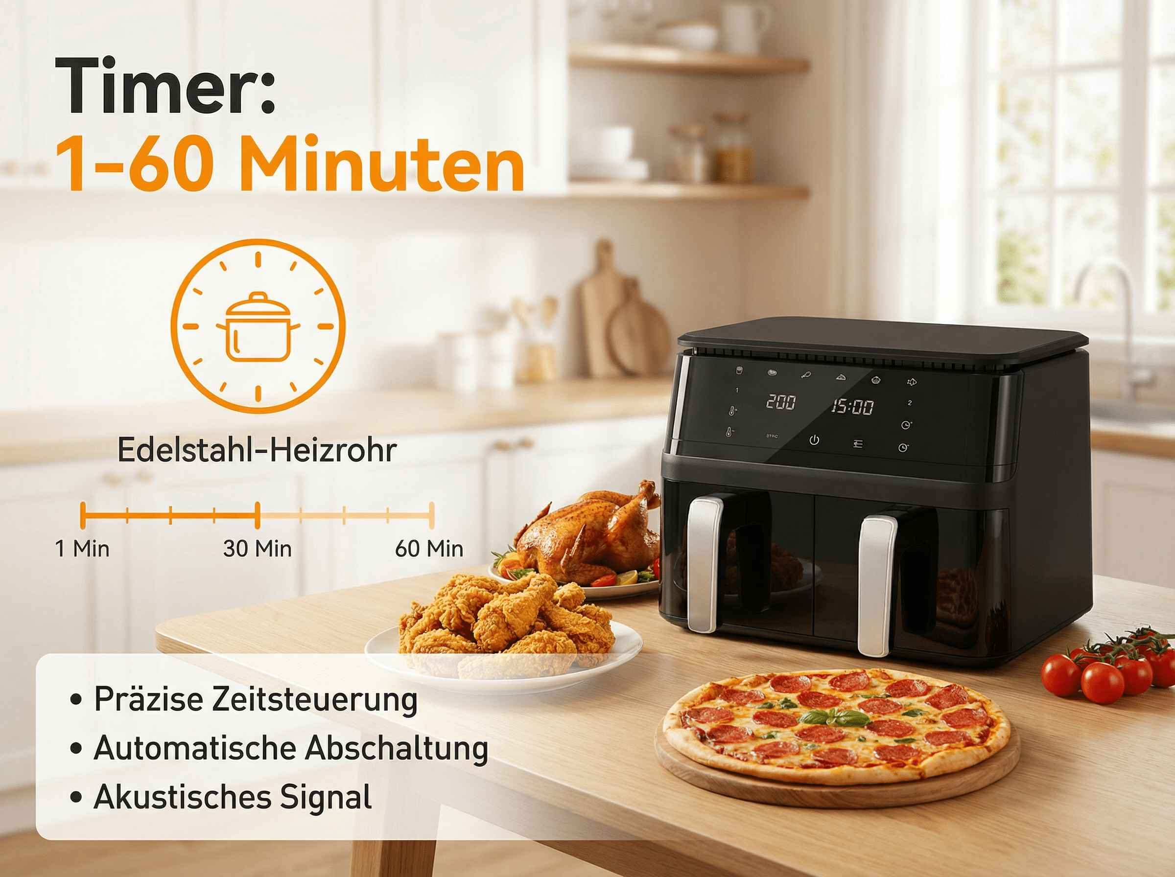 Ein schwarzer Doppel-Heißluftfritteuse mit einem ganzen Huhn, Pommes und Pizza.