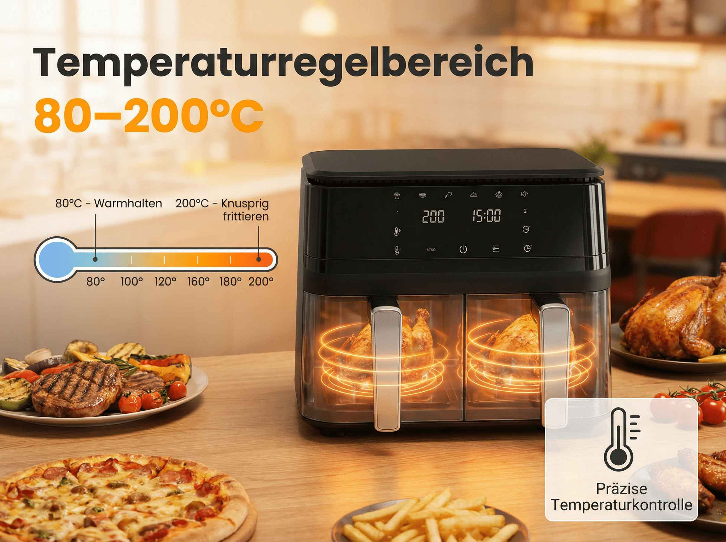 Doppelte Heißluftfritteuse mit Hähnchen, Beilagen und Temperaturanzeige.