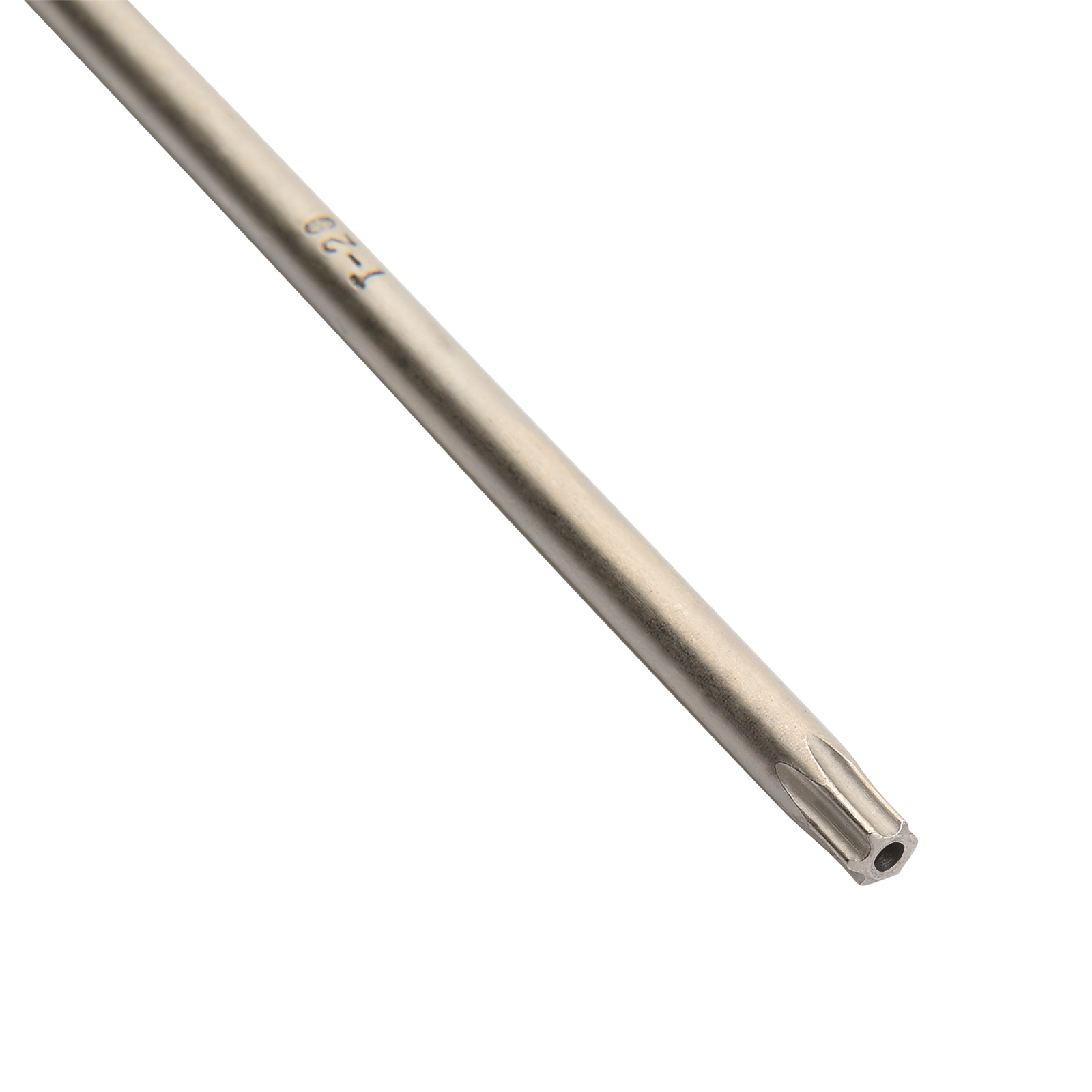 Un cacciavite Torx argentato con marcatura T-20 su sfondo bianco.